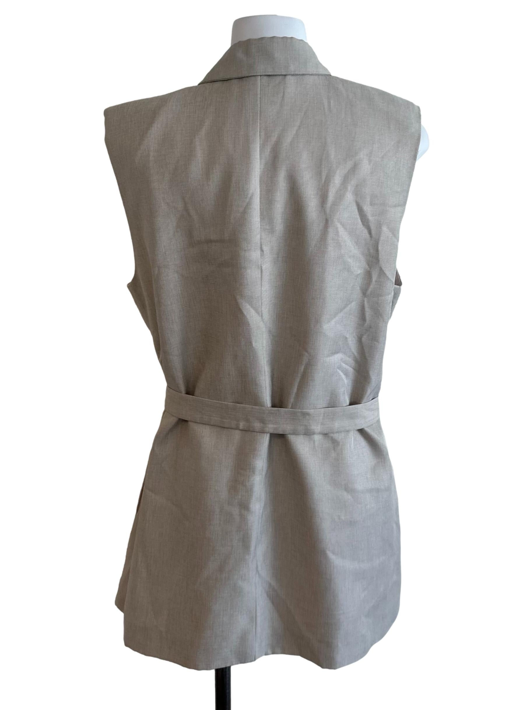 Hazel Beige Collared Sleeveless Long Blazer