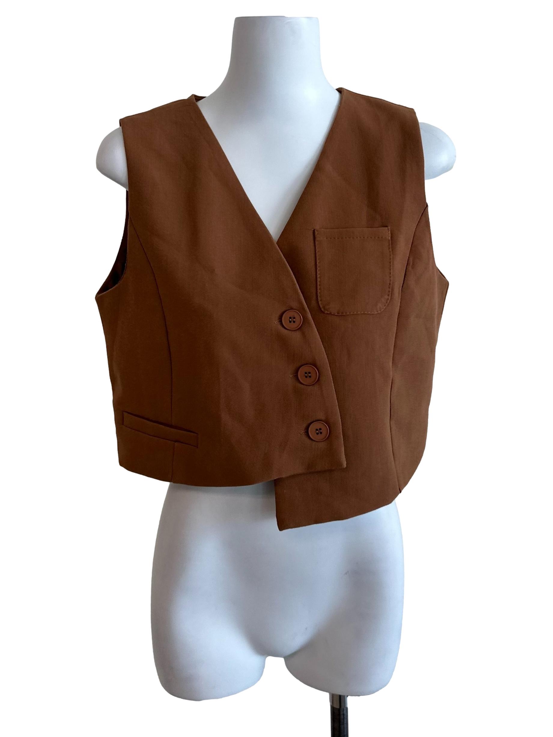 Caramel Brown V Neck Asymmetric Vest