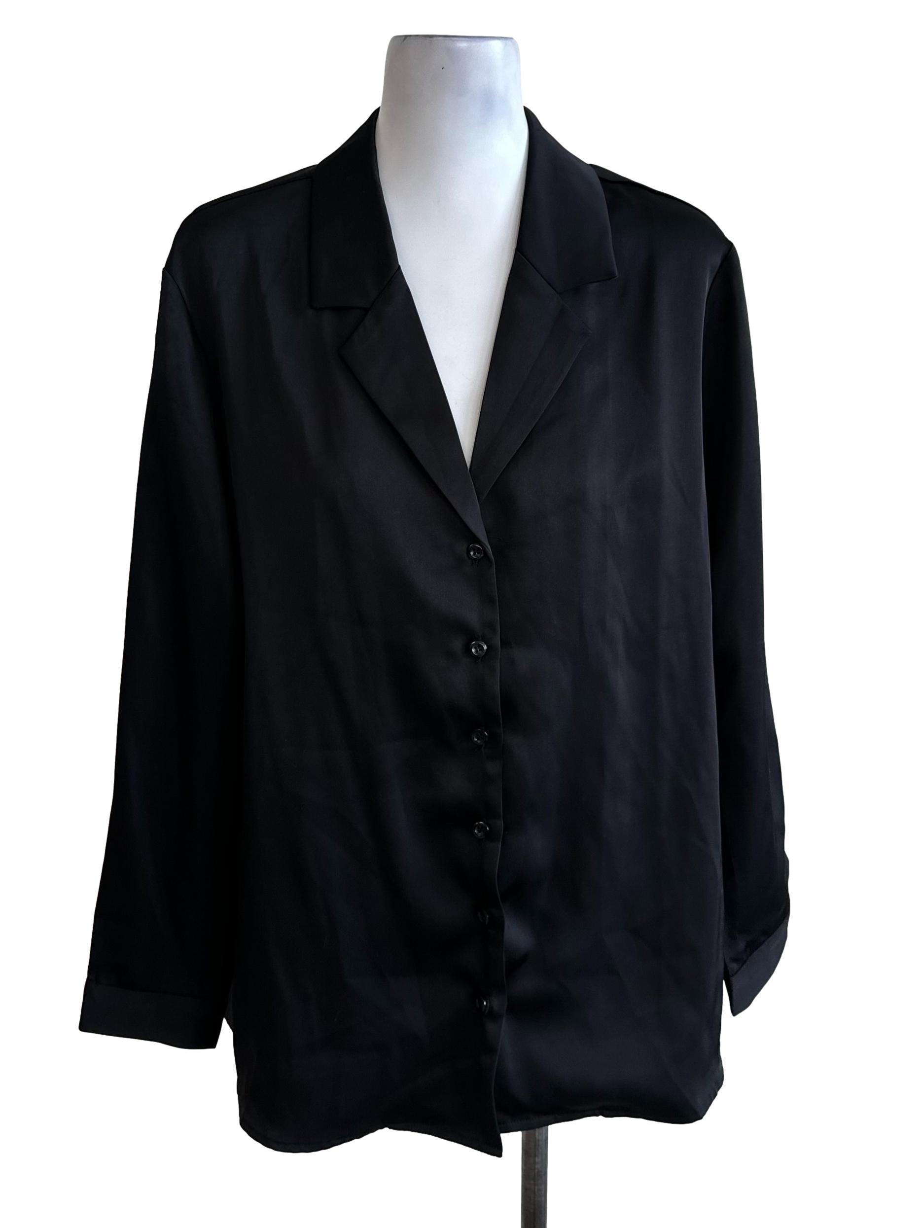 Raven Black Satin V Neck Button Top