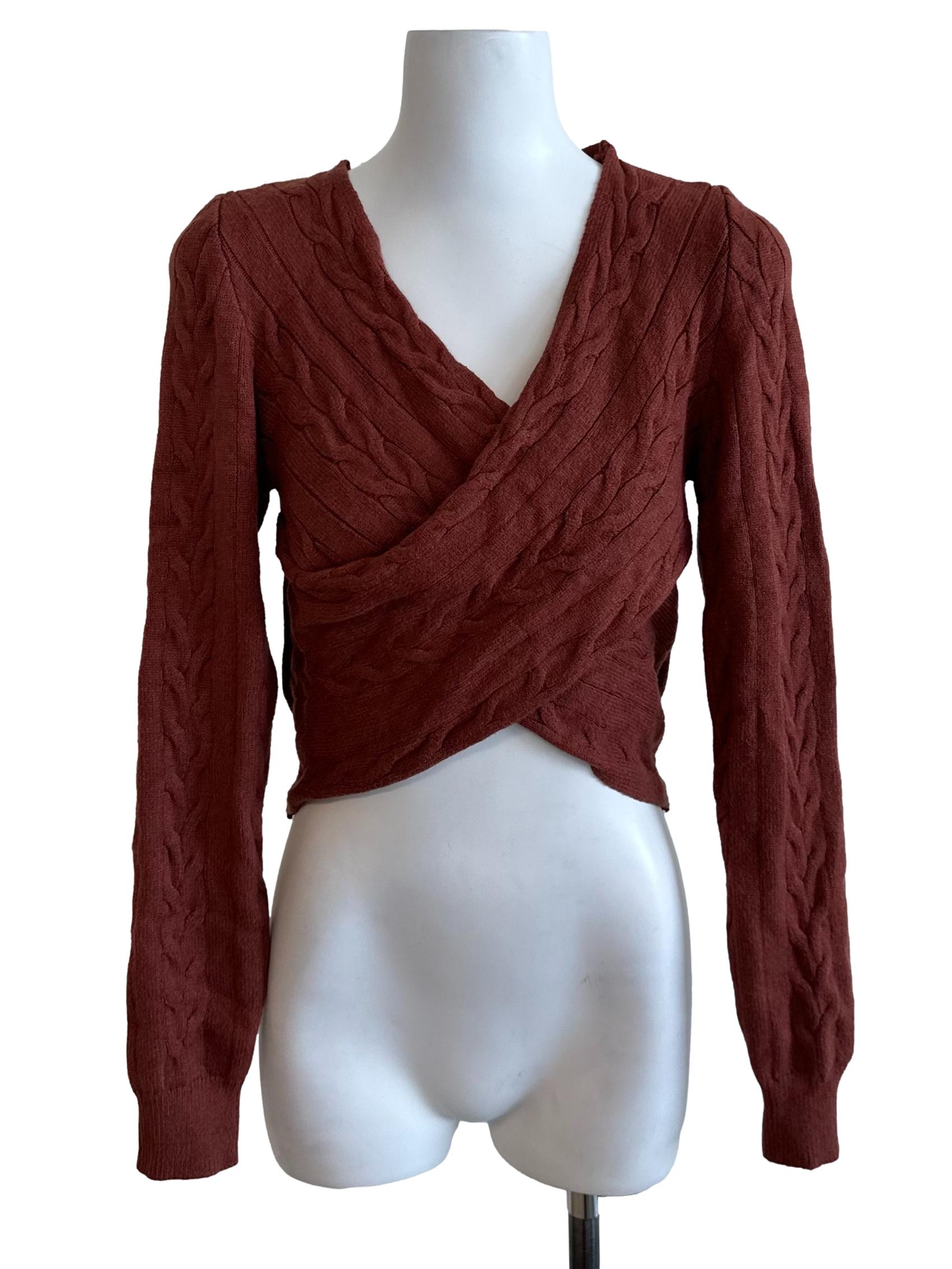 Brick Brown Knit Overlap V Neck Top