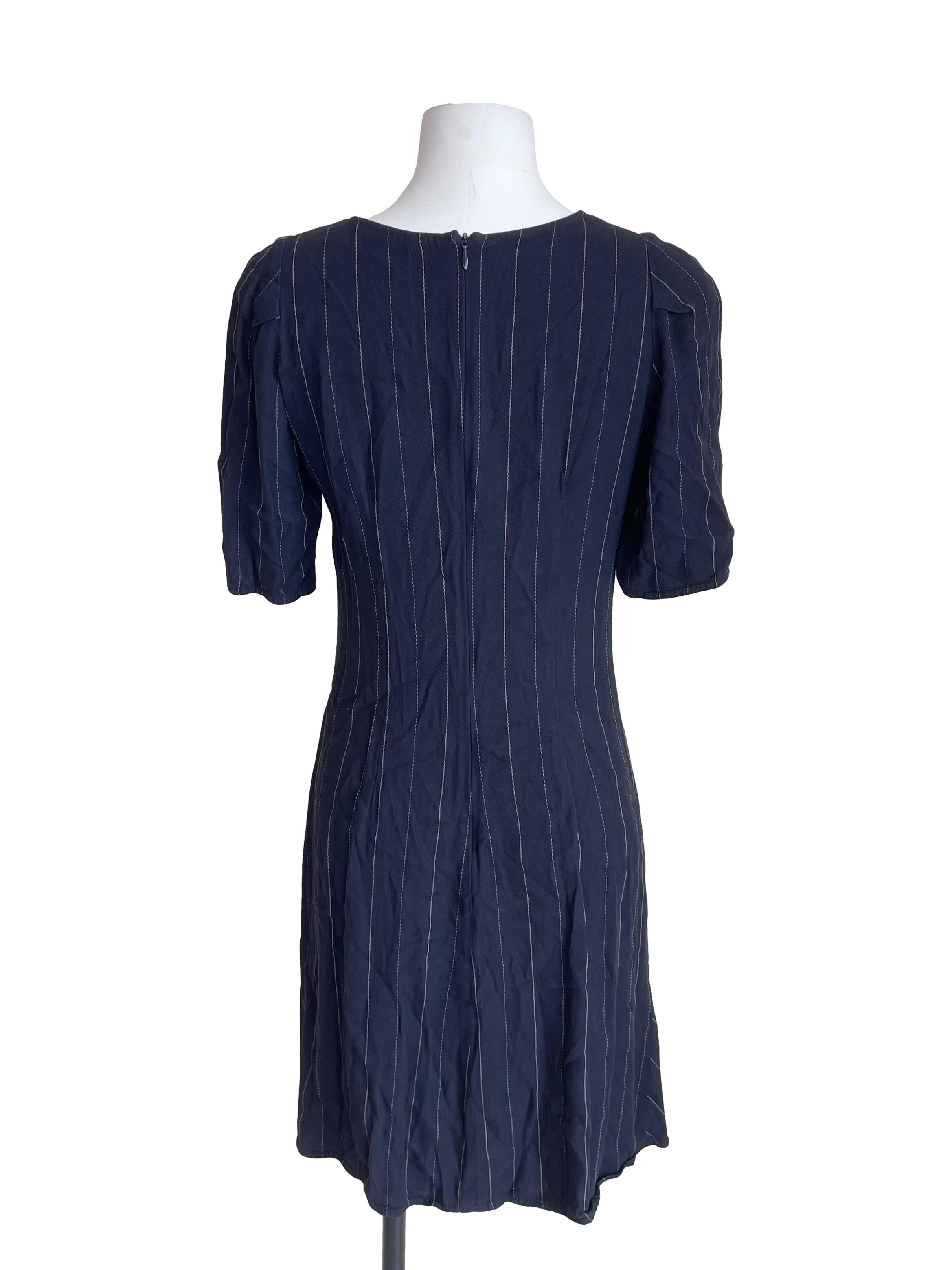 Navy Pinstripe Drape Dress
