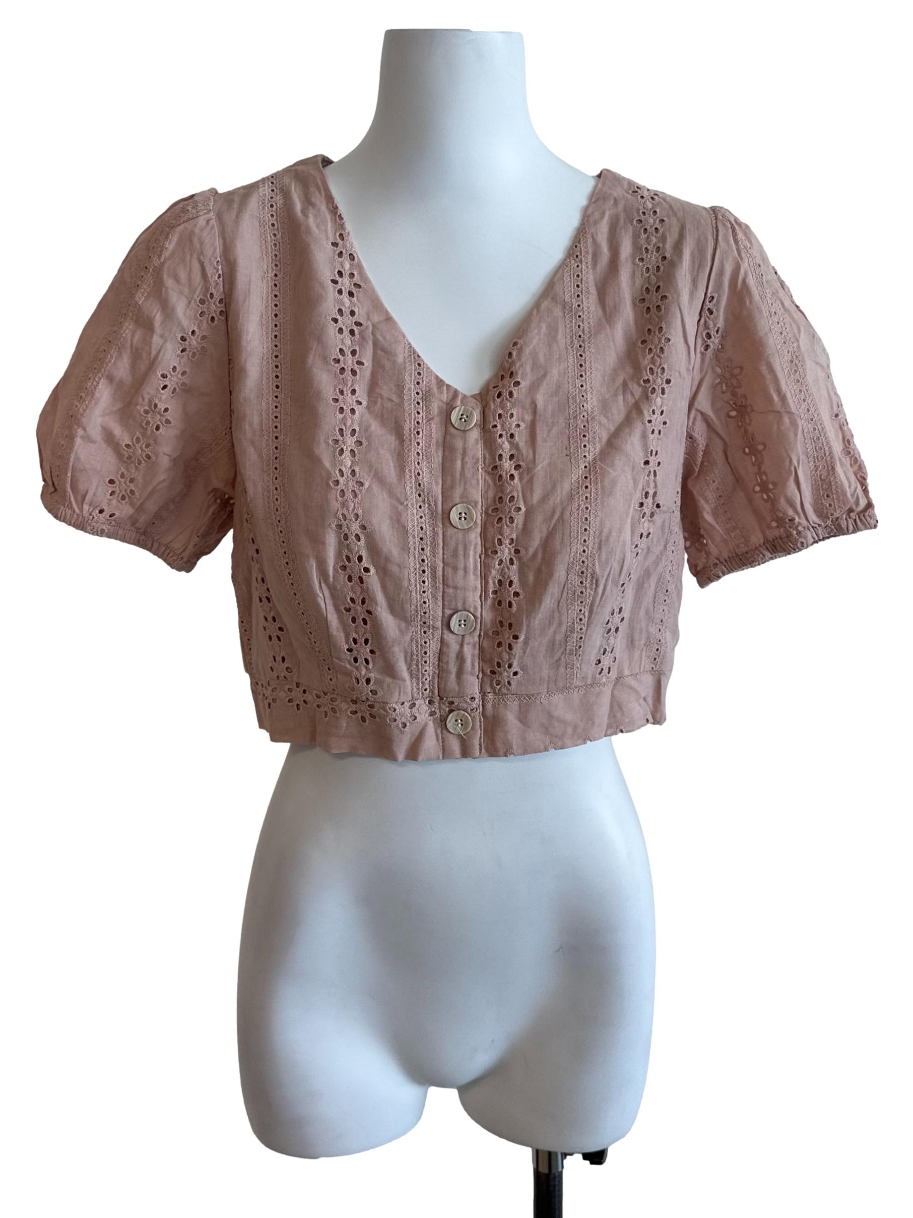 Ash Pink Embroidery Button Top
