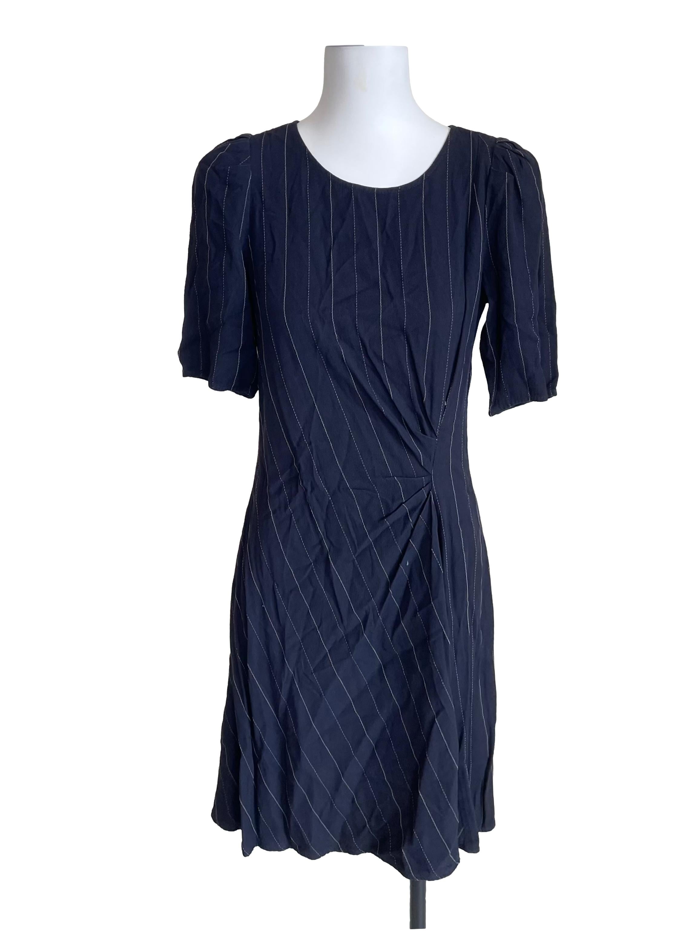 Navy Pinstripe Drape Dress