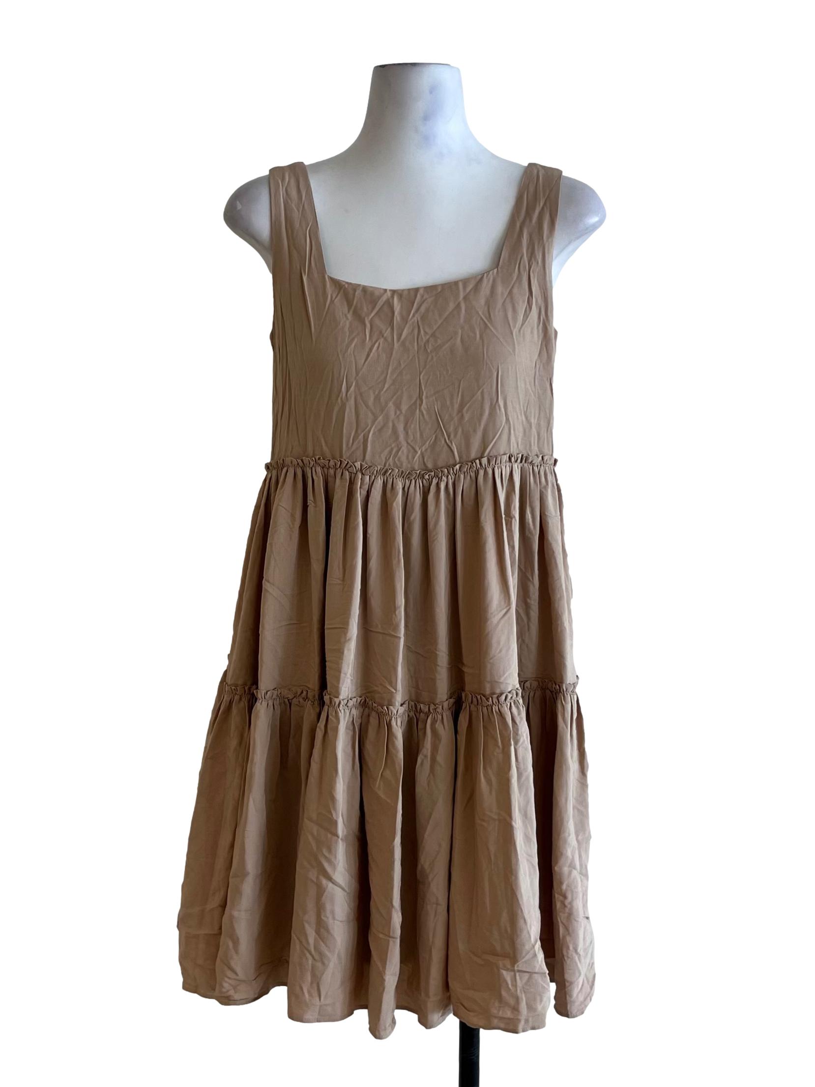 Beige Square Neckline A-Line Dress