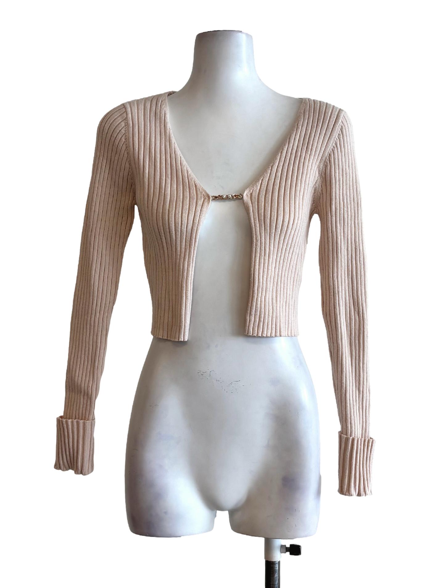 Almond Beige Ribbed Gold Buckle Cardigan
