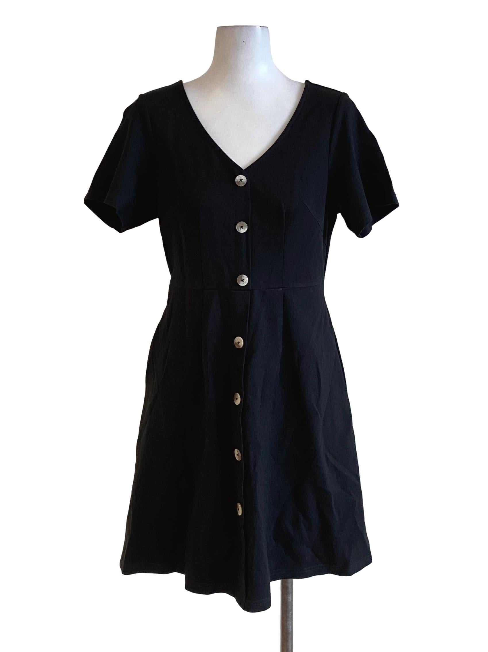 True Black Buttoned Down V-Neck A-Line Dress