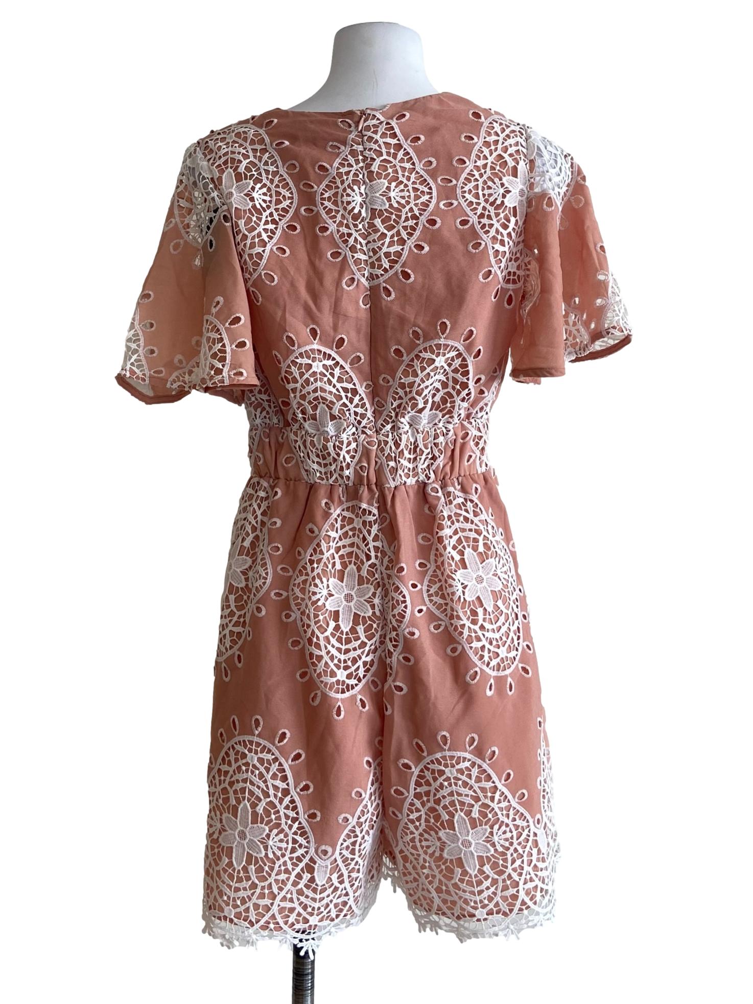 Peach Pink & White Floral Lace Romper