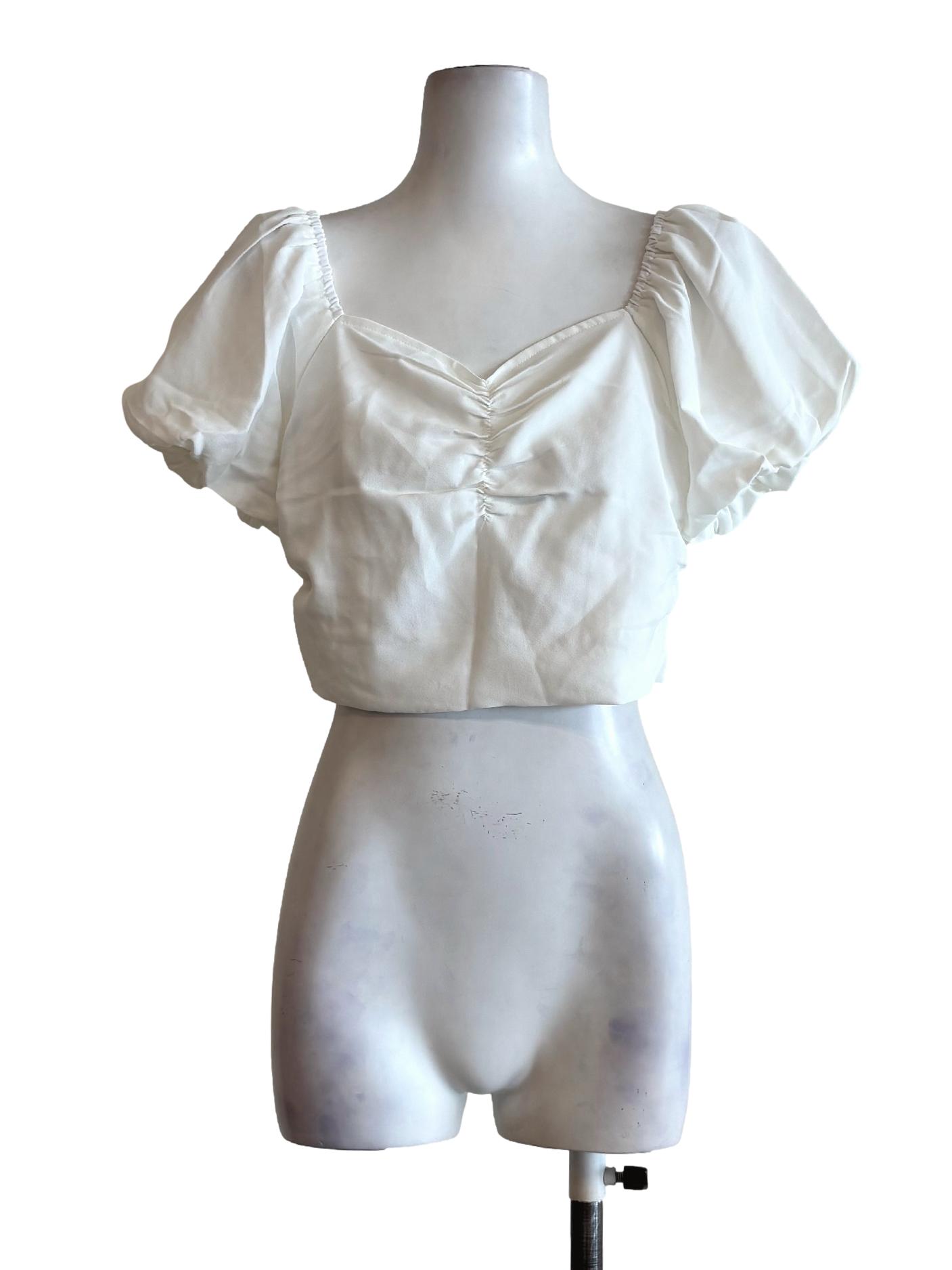 Powder White Puff Sleeve Sweetheart Top