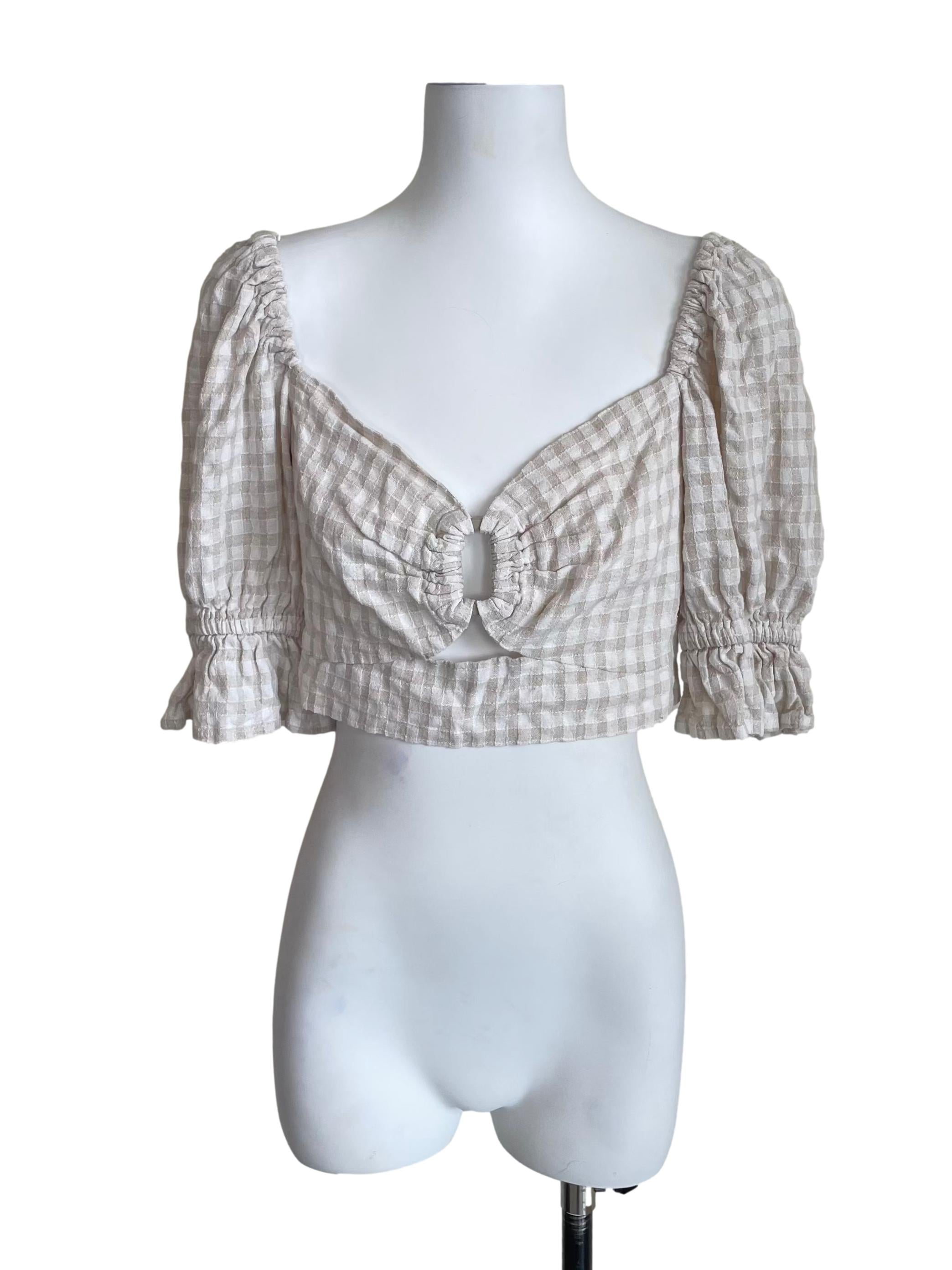 Light Beige Gingham Puff Sleeves Crop Top