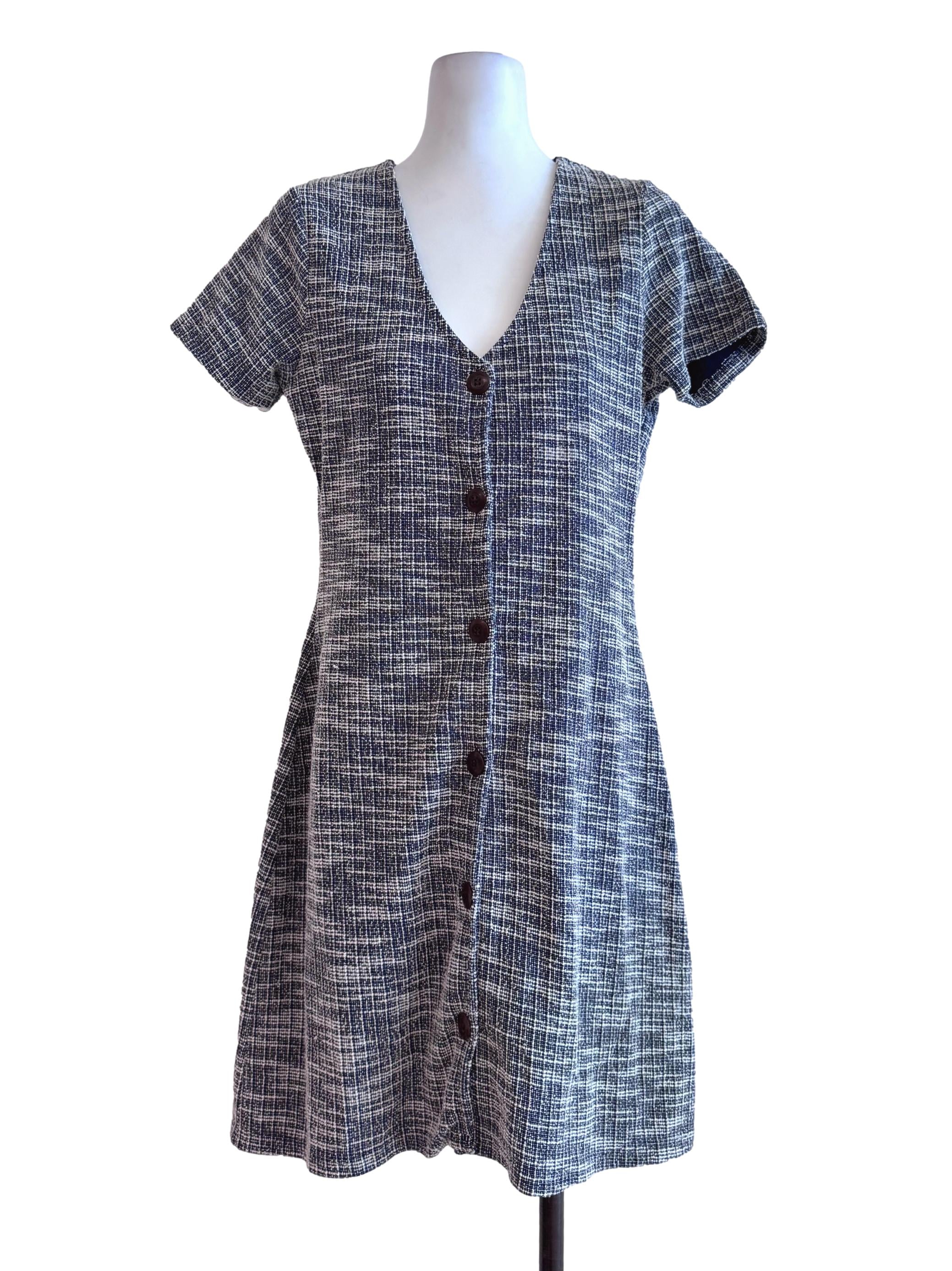 Dark Blue V Neck Short Sleeve Buttoned Dress