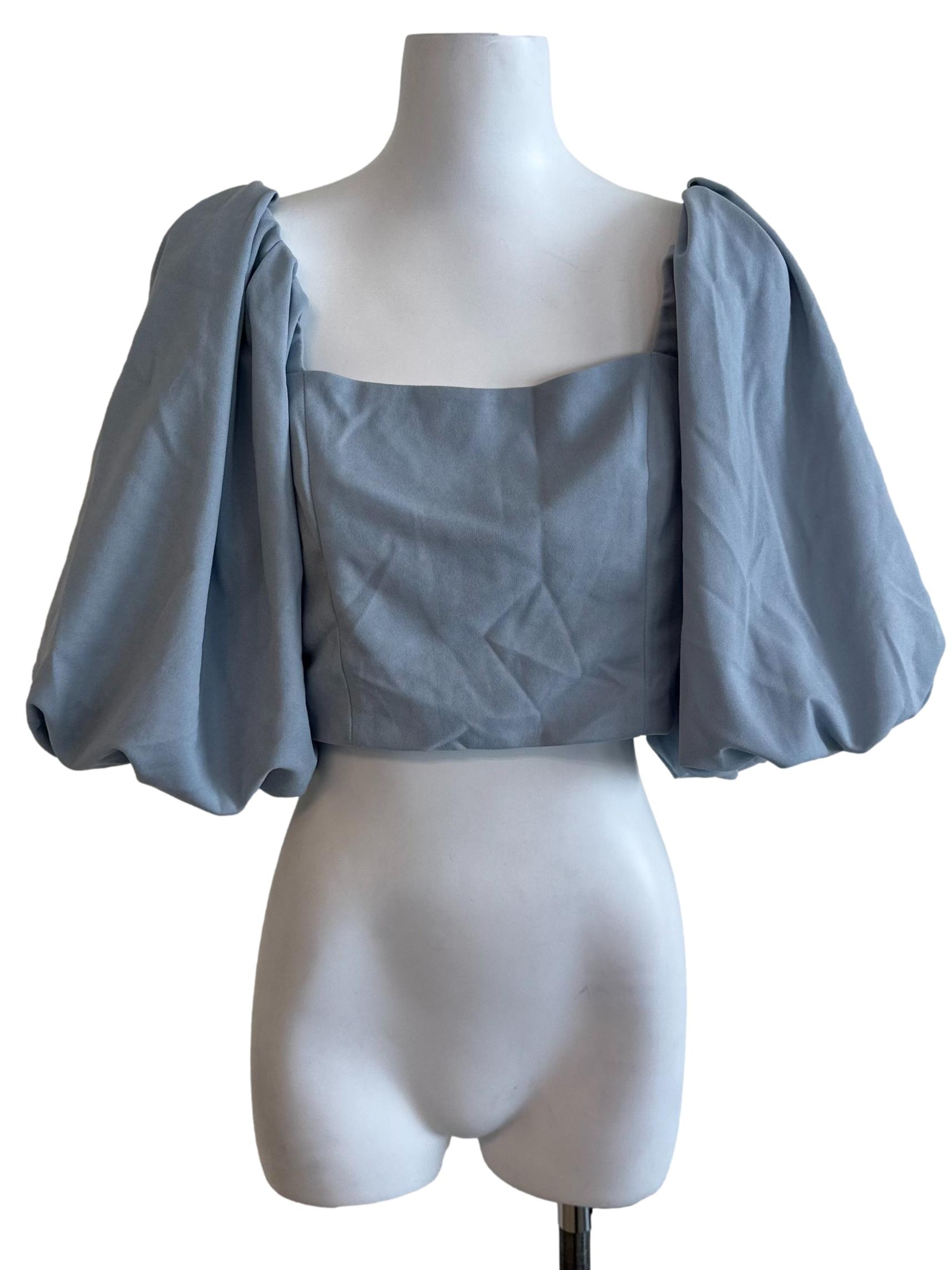 Stone Blue Square Neck Puff Sleeve Top