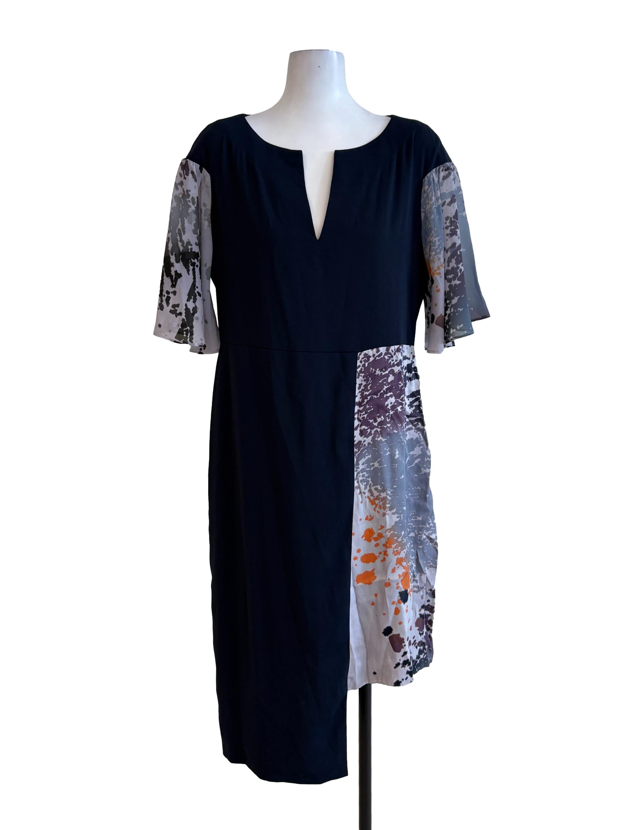 Navy Purple Abstract Deep V Dress