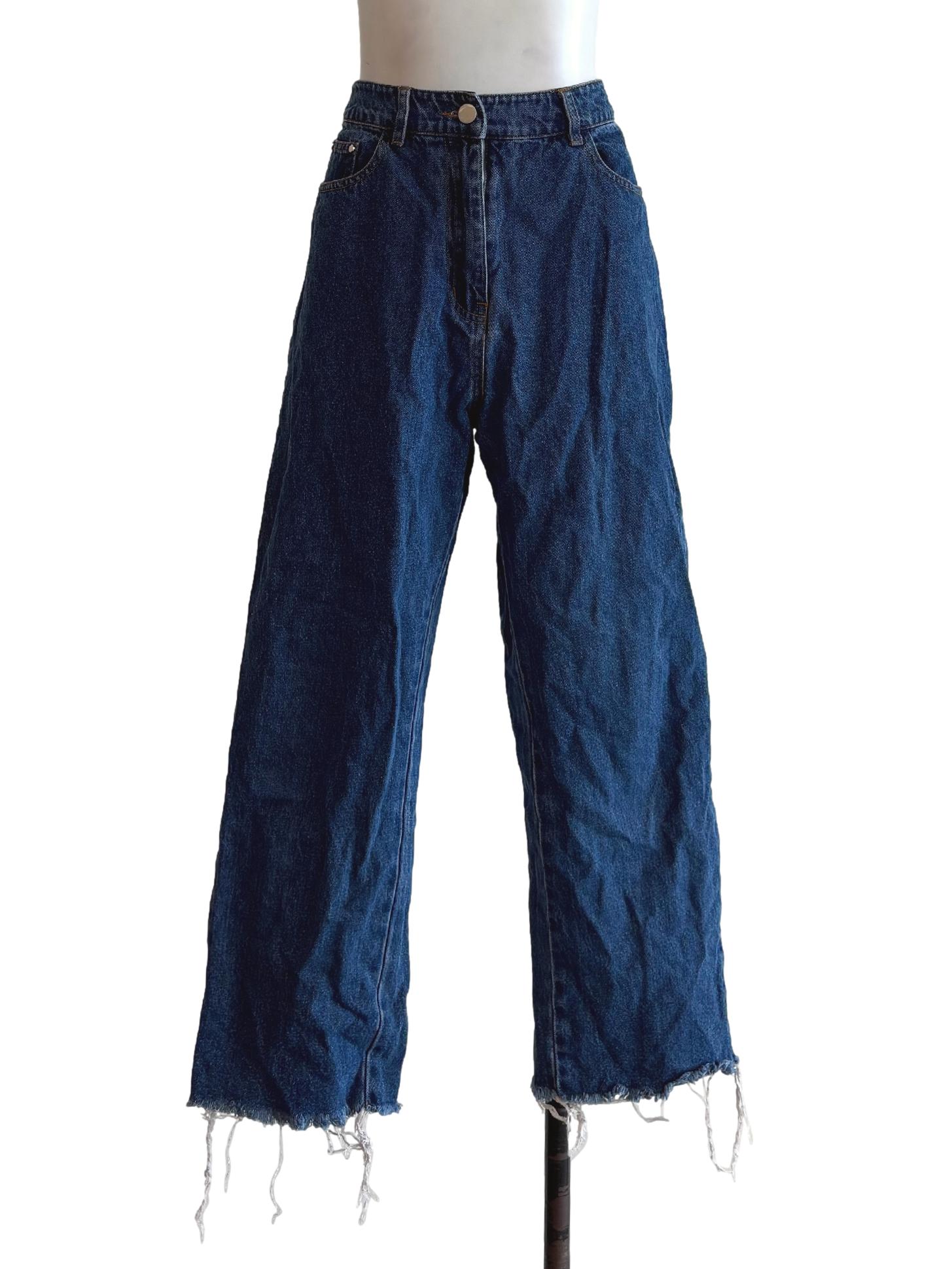 Blue Denim Frayed Hem Straight Jeans