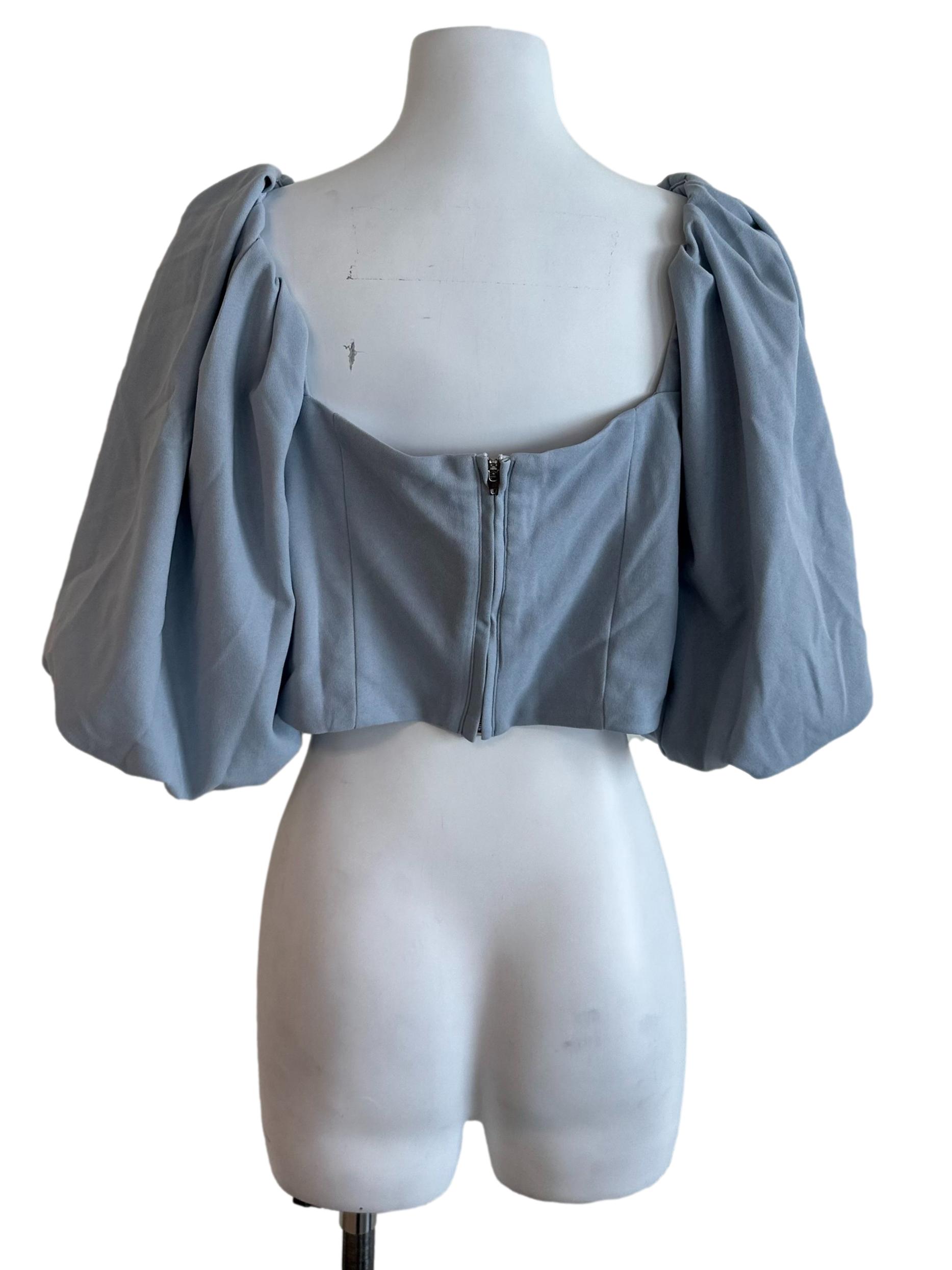 Stone Blue Square Neck Puff Sleeve Top