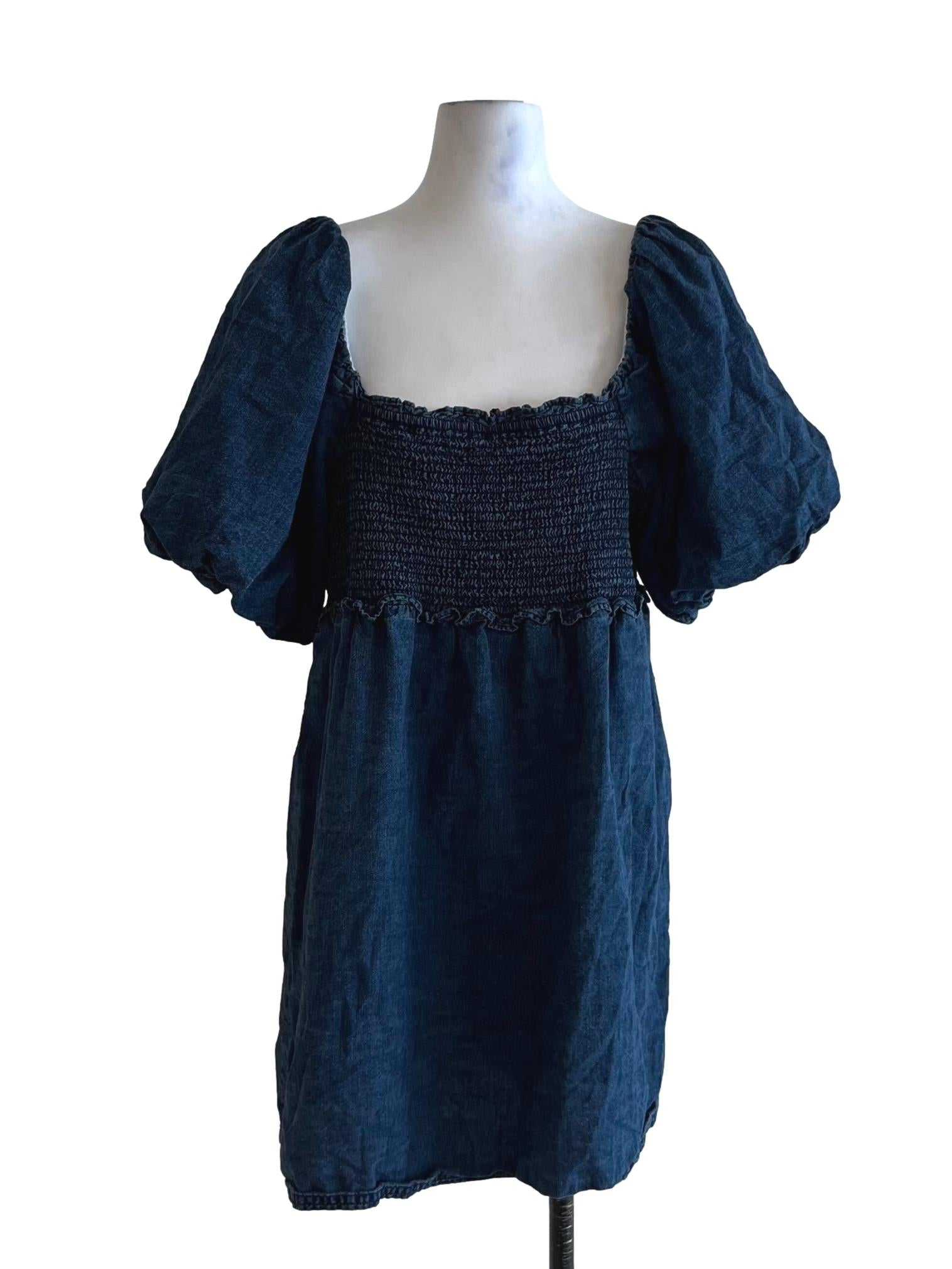 Navy Blue Square Neckline Empire Dress