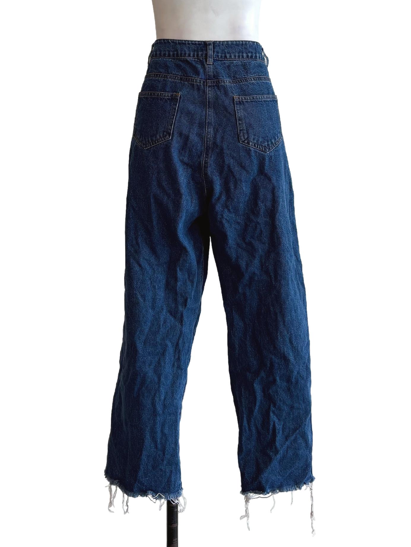 Blue Denim Frayed Hem Straight Jeans