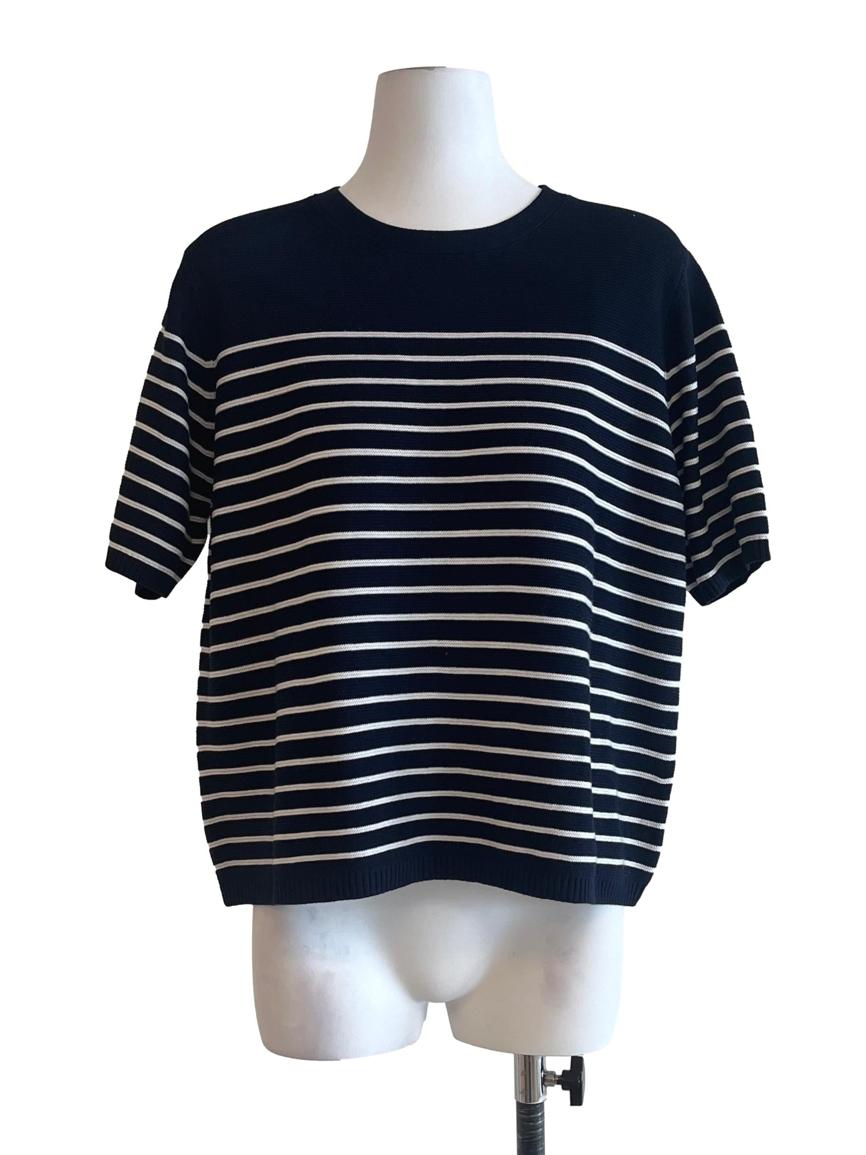 Navy Blue Striped Crew Neck Top