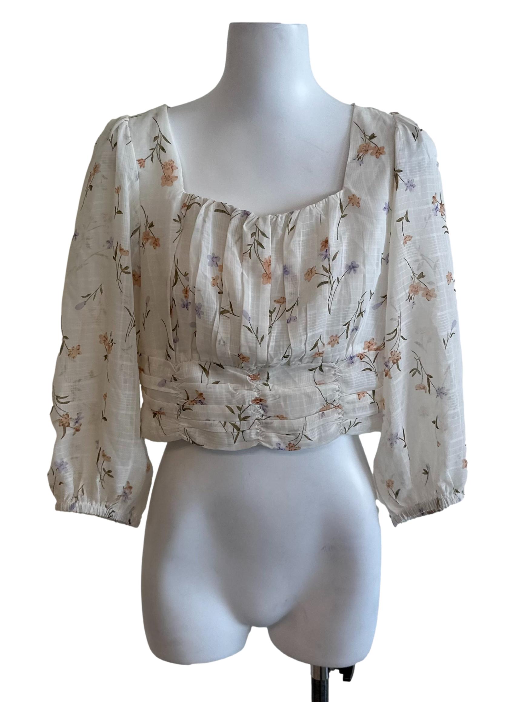 Salt White Floral Plaid Textured Top