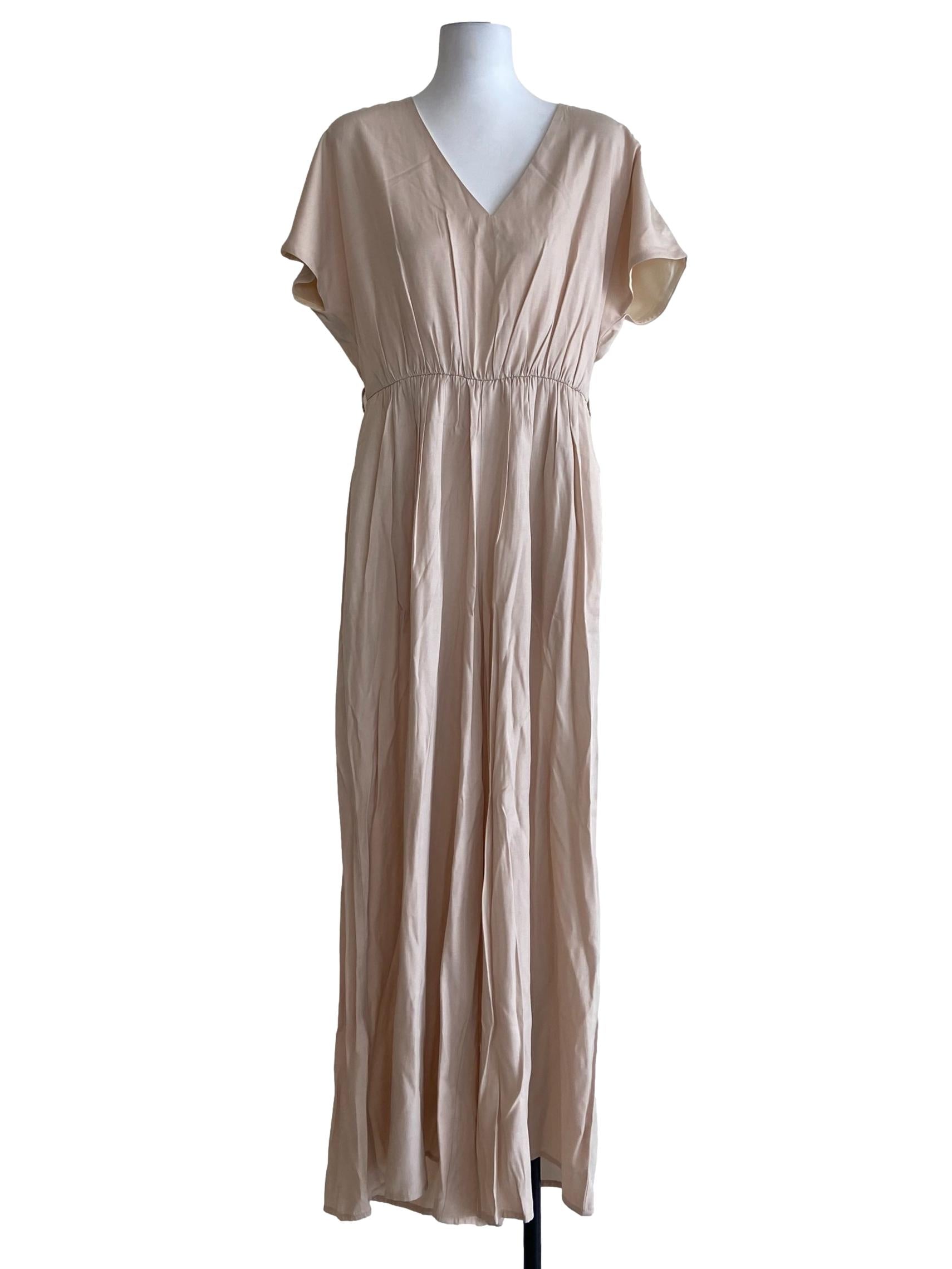 Cream Beige V-Neck Twill Batwing Sleeve Jumpsuit