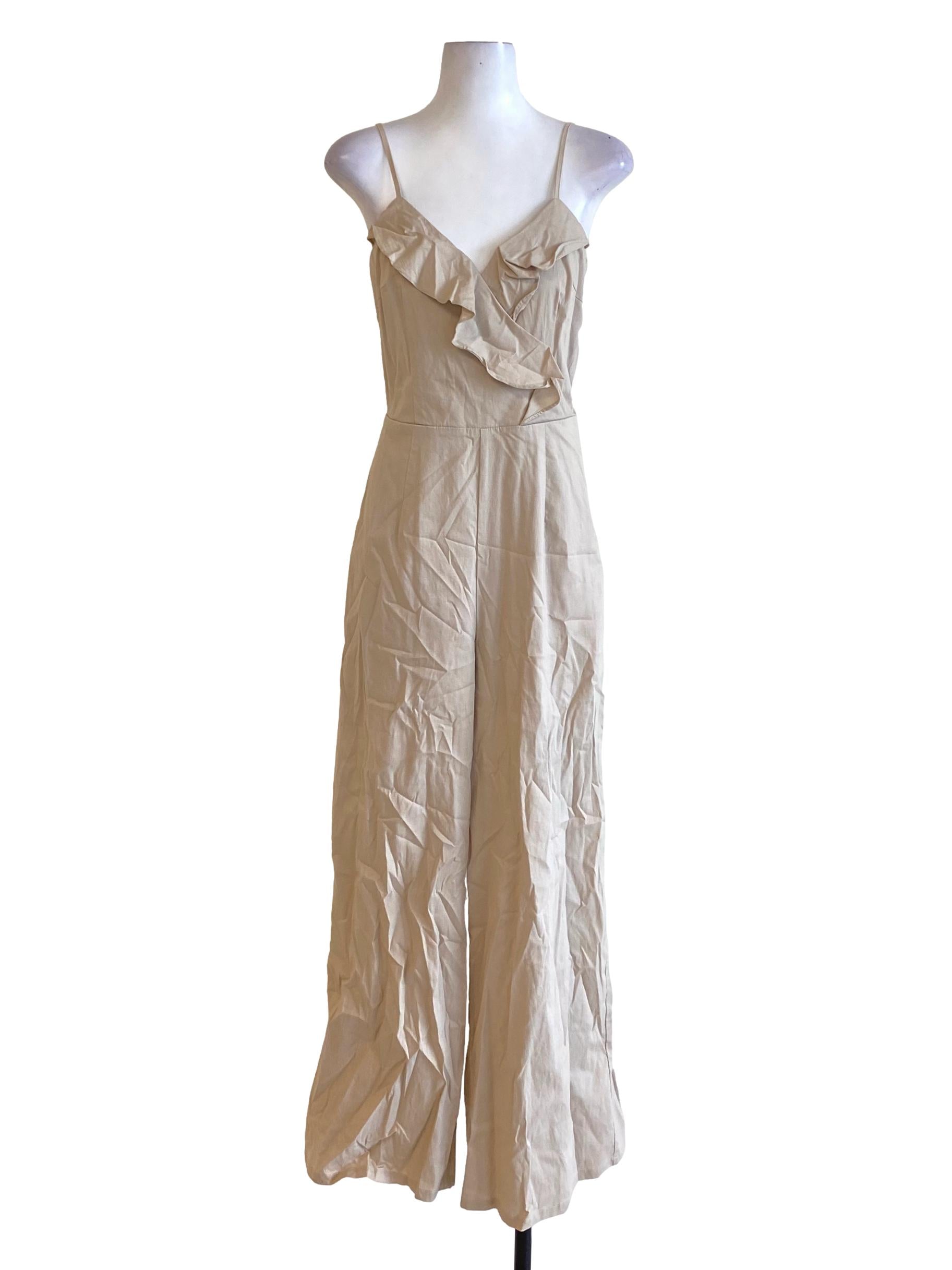 Khaki Brown Spaghetti Strap Ruffle Bust Jumpsuit