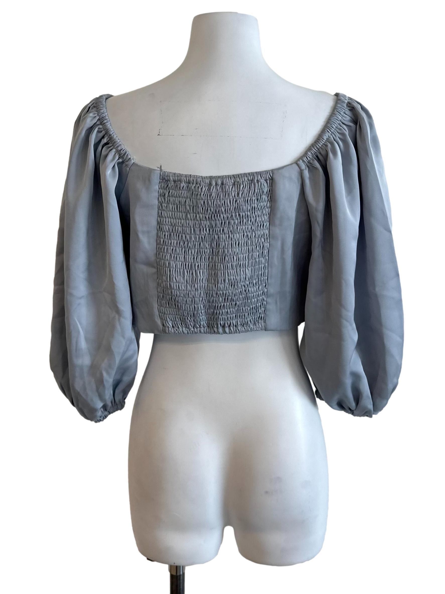 Slate Blue Overlap Pleated Blouse