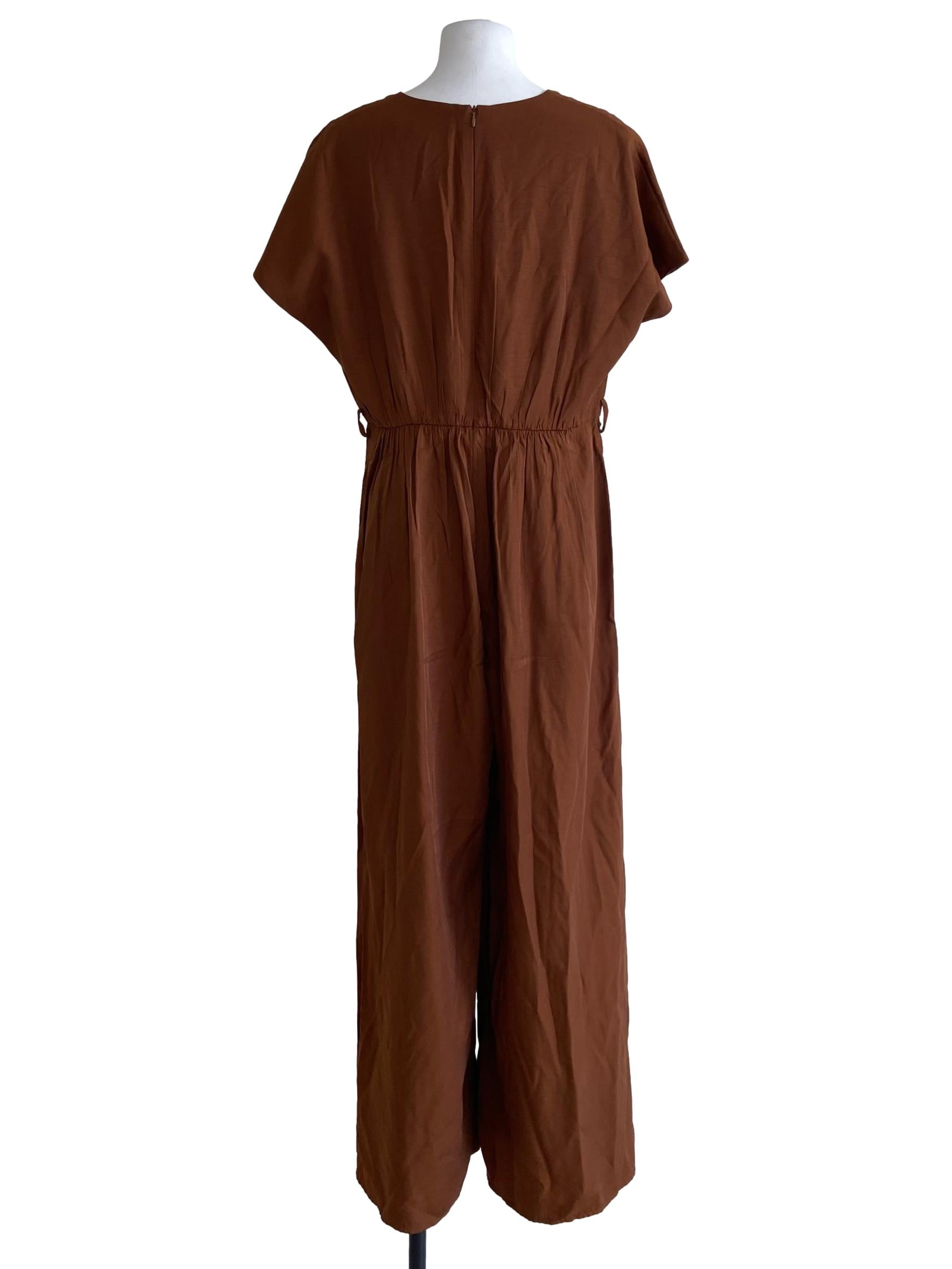 Caramel Brown V-Neck Twill Batwing Sleeve Jumpsuit