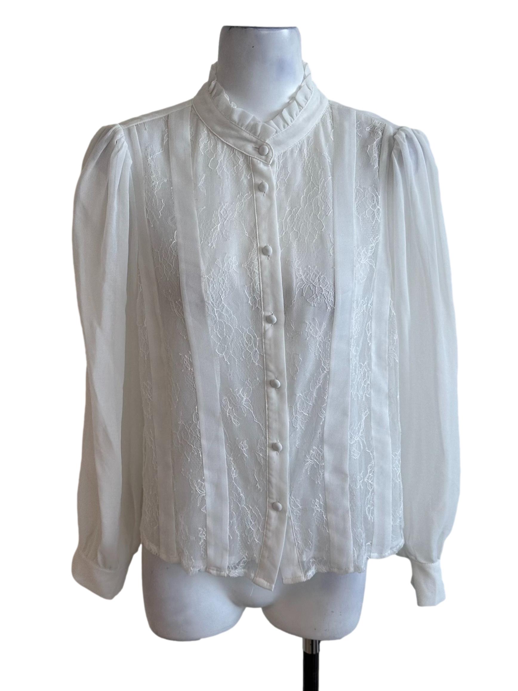 Pearl White Lace Chiffon High Neck Blouse