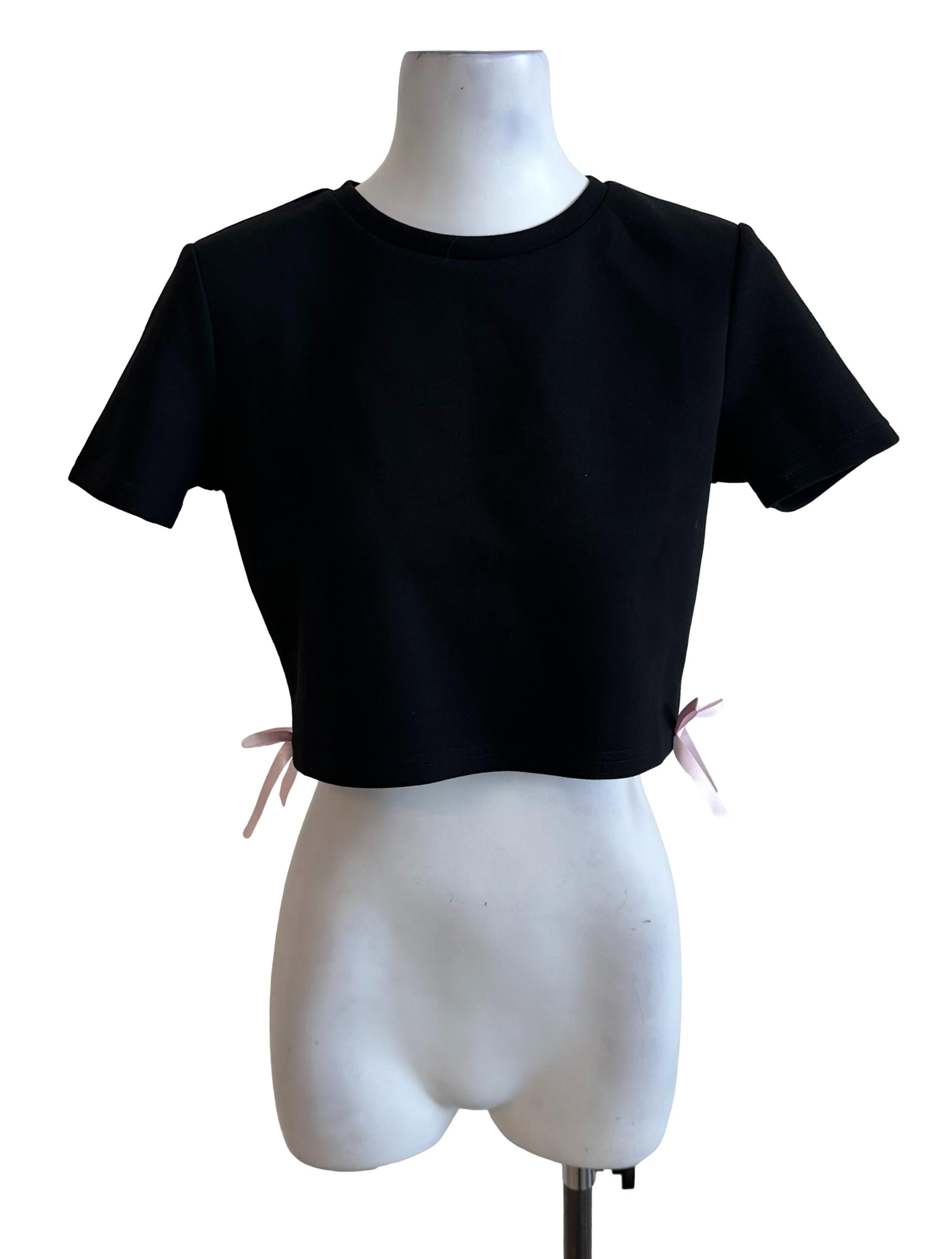 Onyx Black Side Ribbon Short Sleeve Top