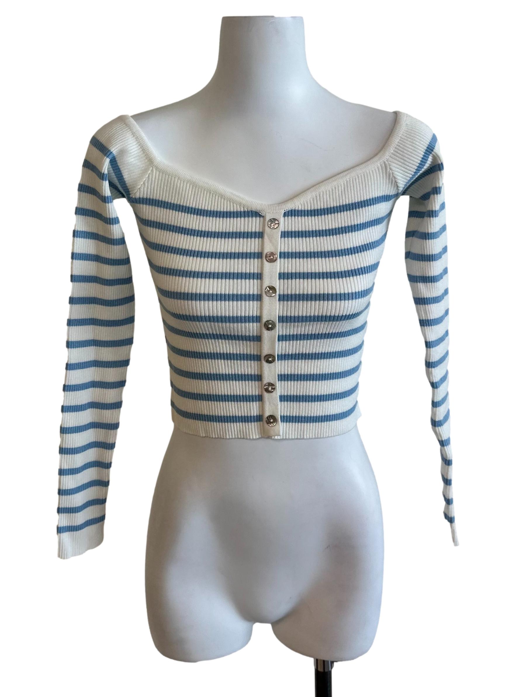 Blue White Knit Stripe Button Top