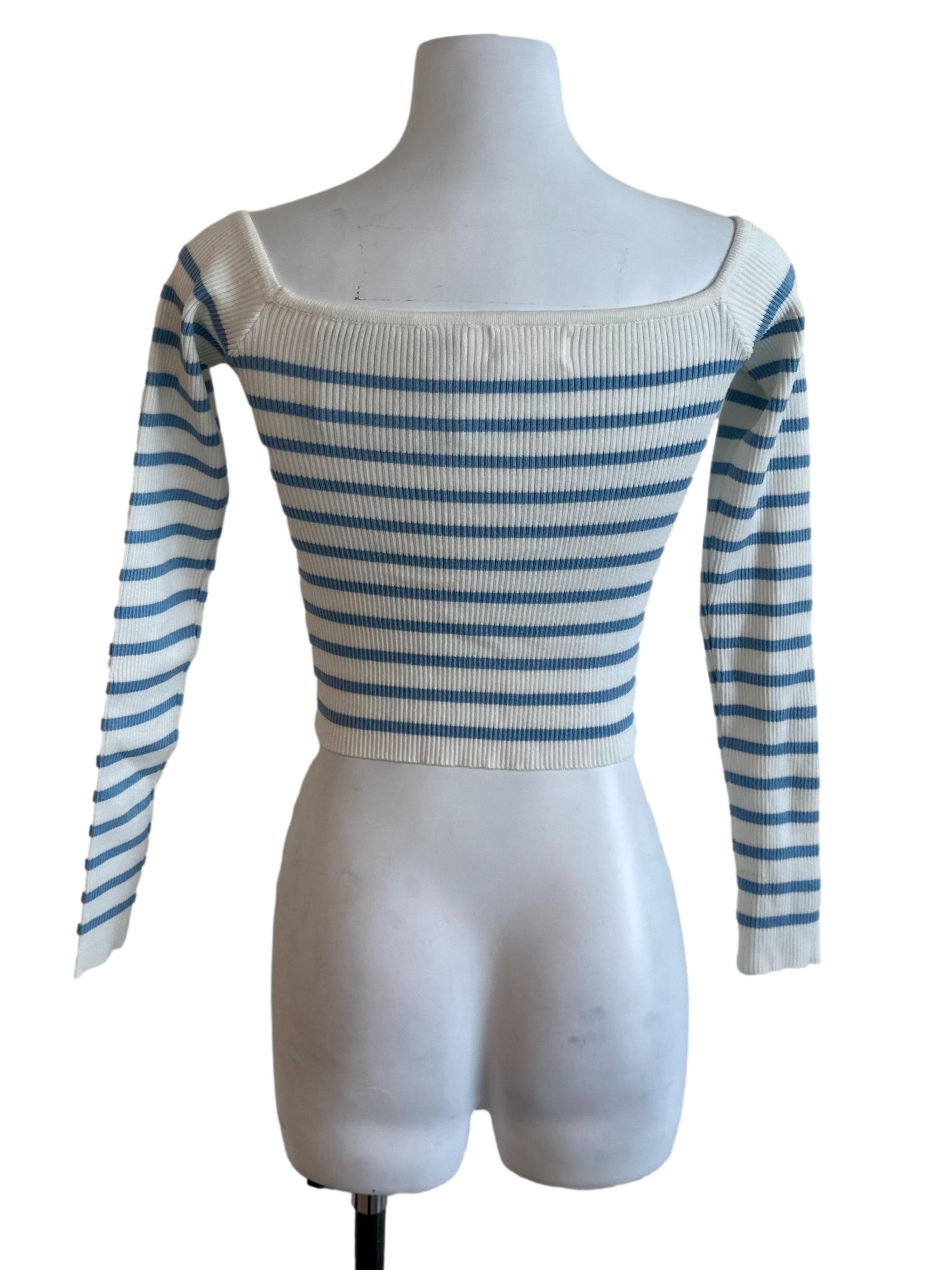 Blue White Knit Stripe Button Top