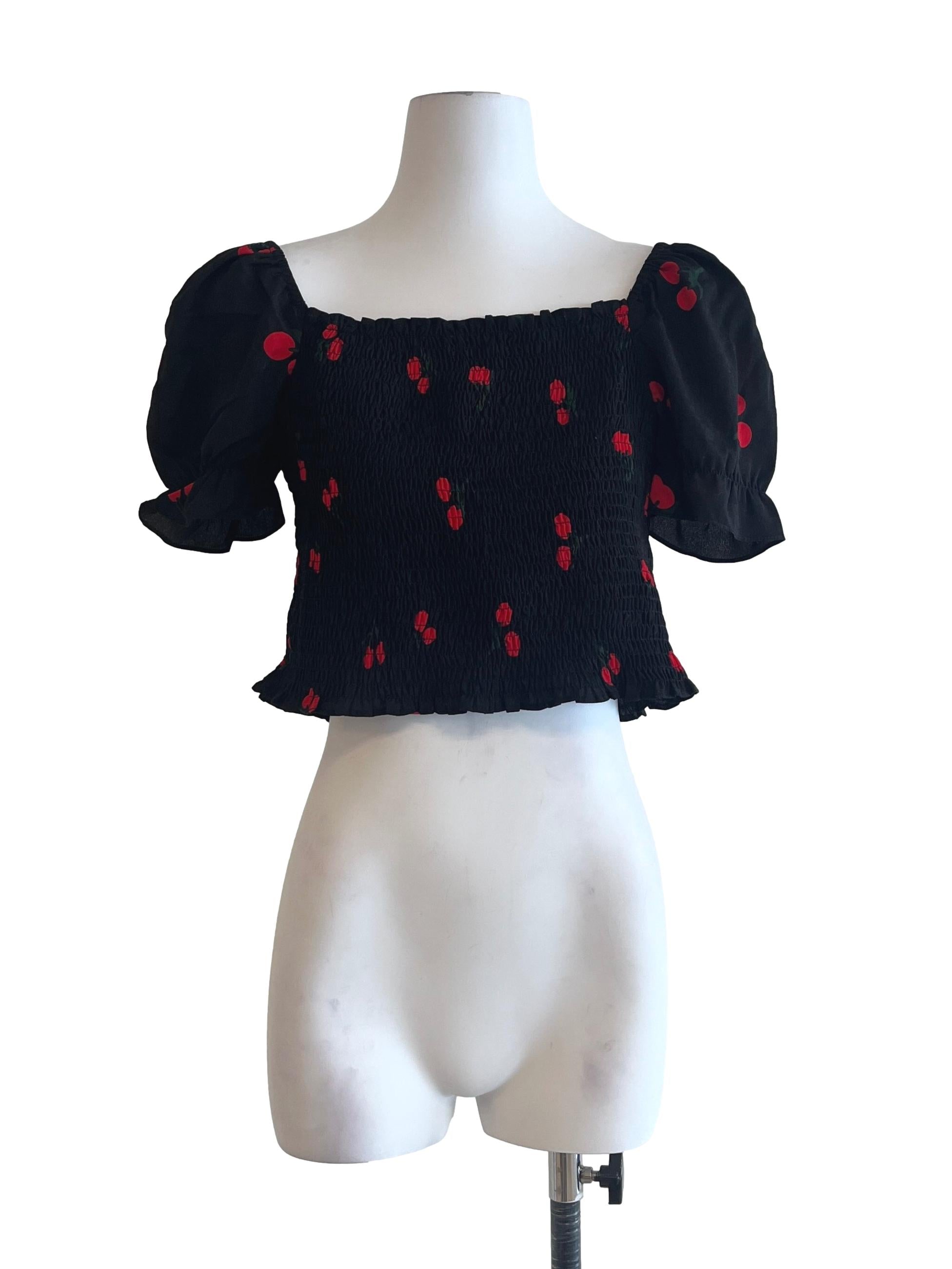 Onyx Black Red Print Puff Sleeve Top