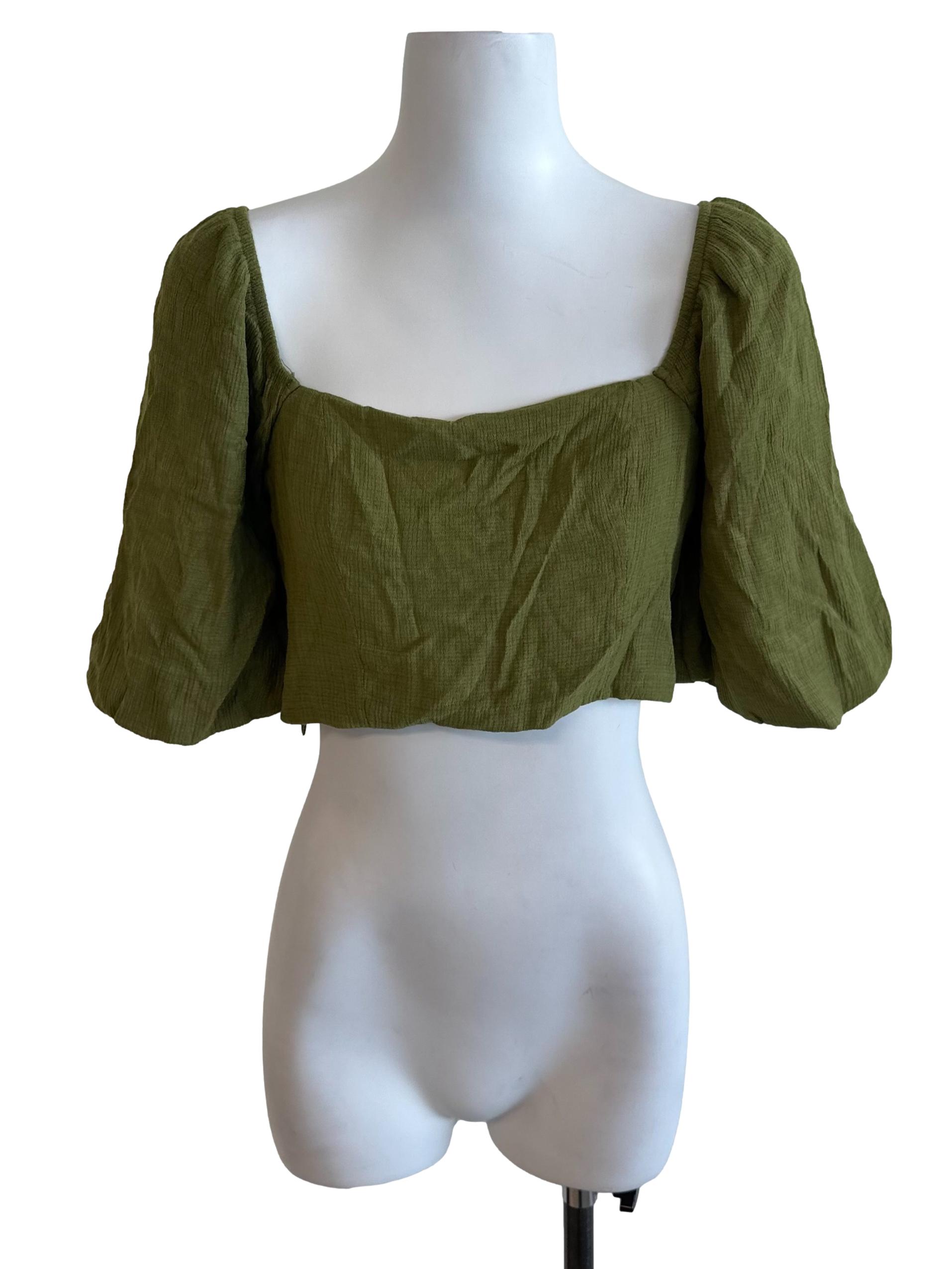 Olive Green Textured Puff Sleeve Top