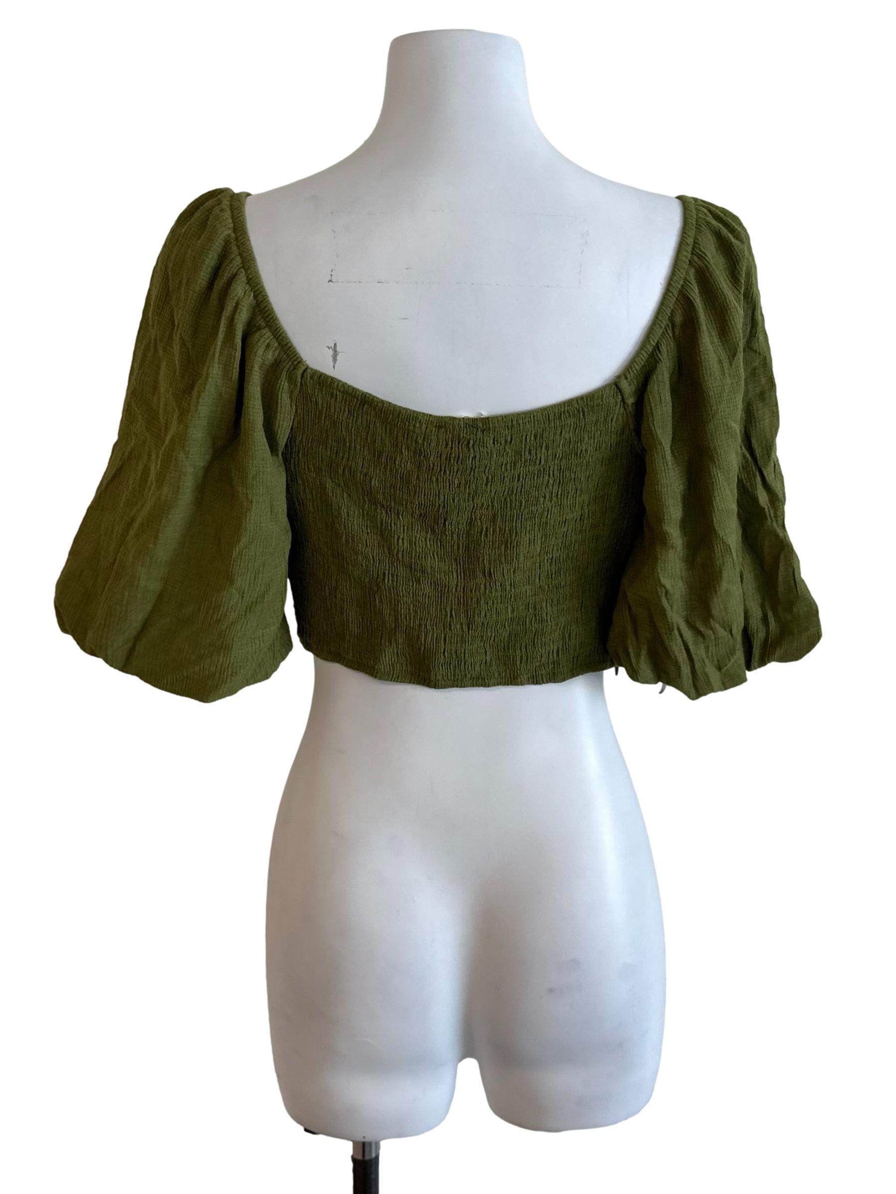 Olive Green Textured Puff Sleeve Top