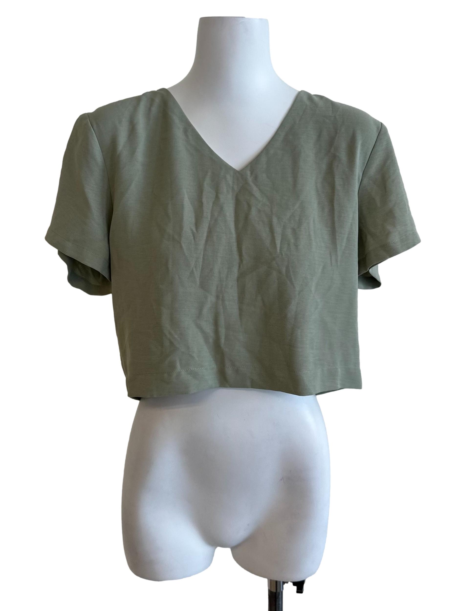 Sage Green V Neck Short Sleeve Top