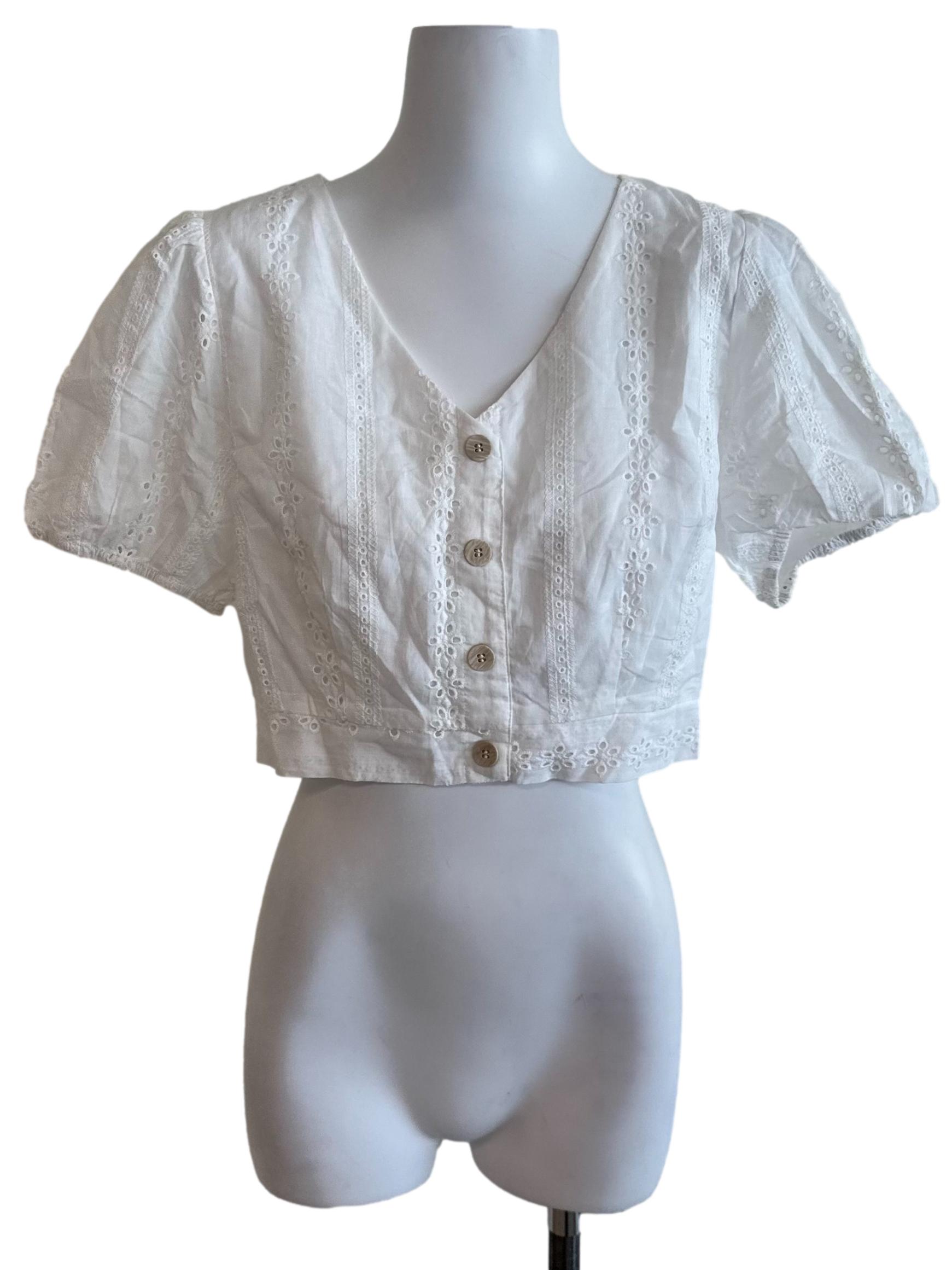 Pearl White Embroidery Button Top