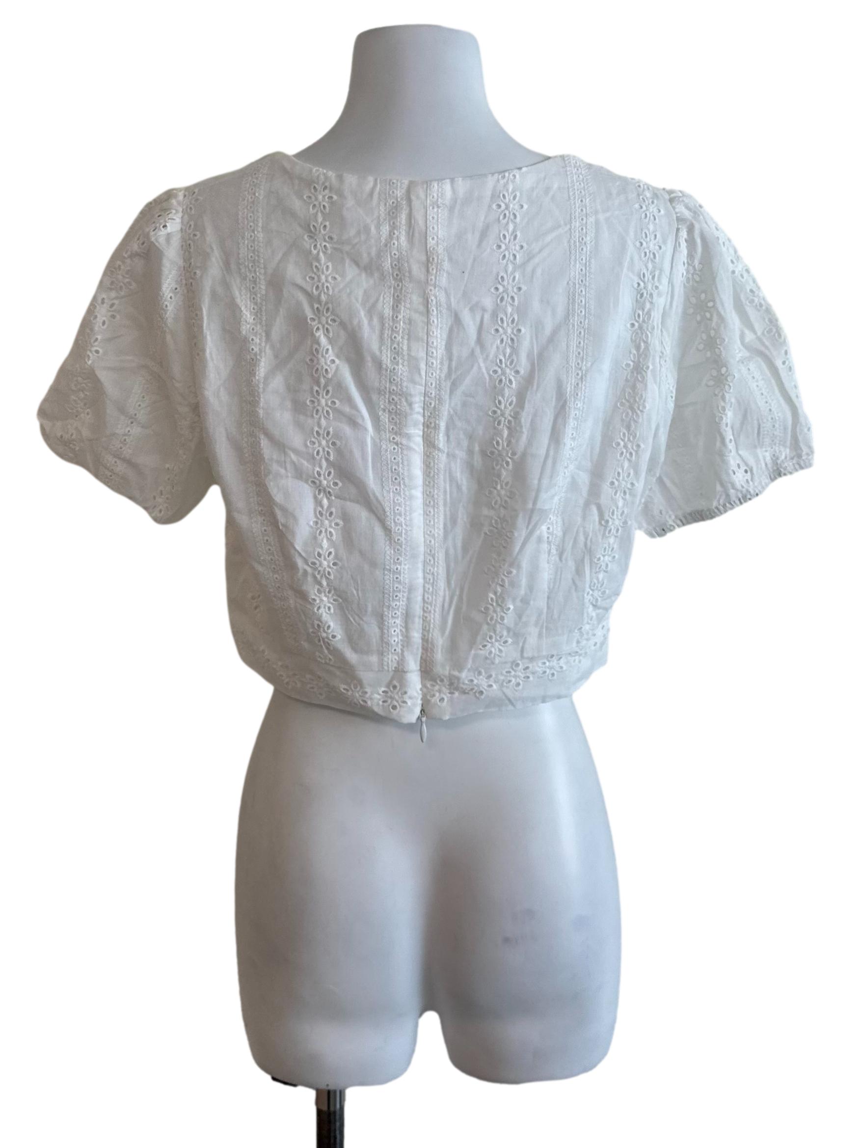 Pearl White Embroidery Button Top