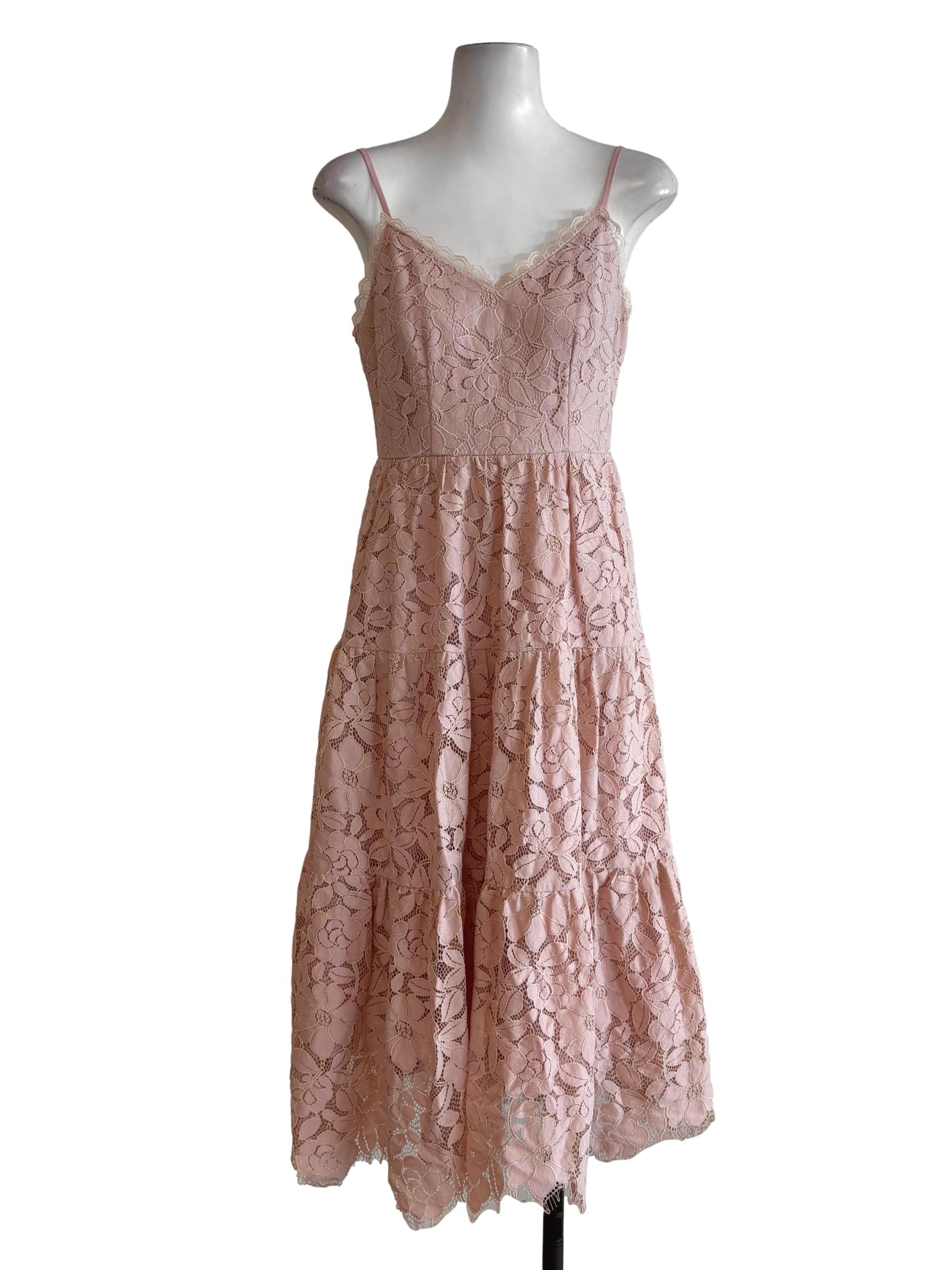 Baby Pink Spaghetti Strap Floral Lace Dress