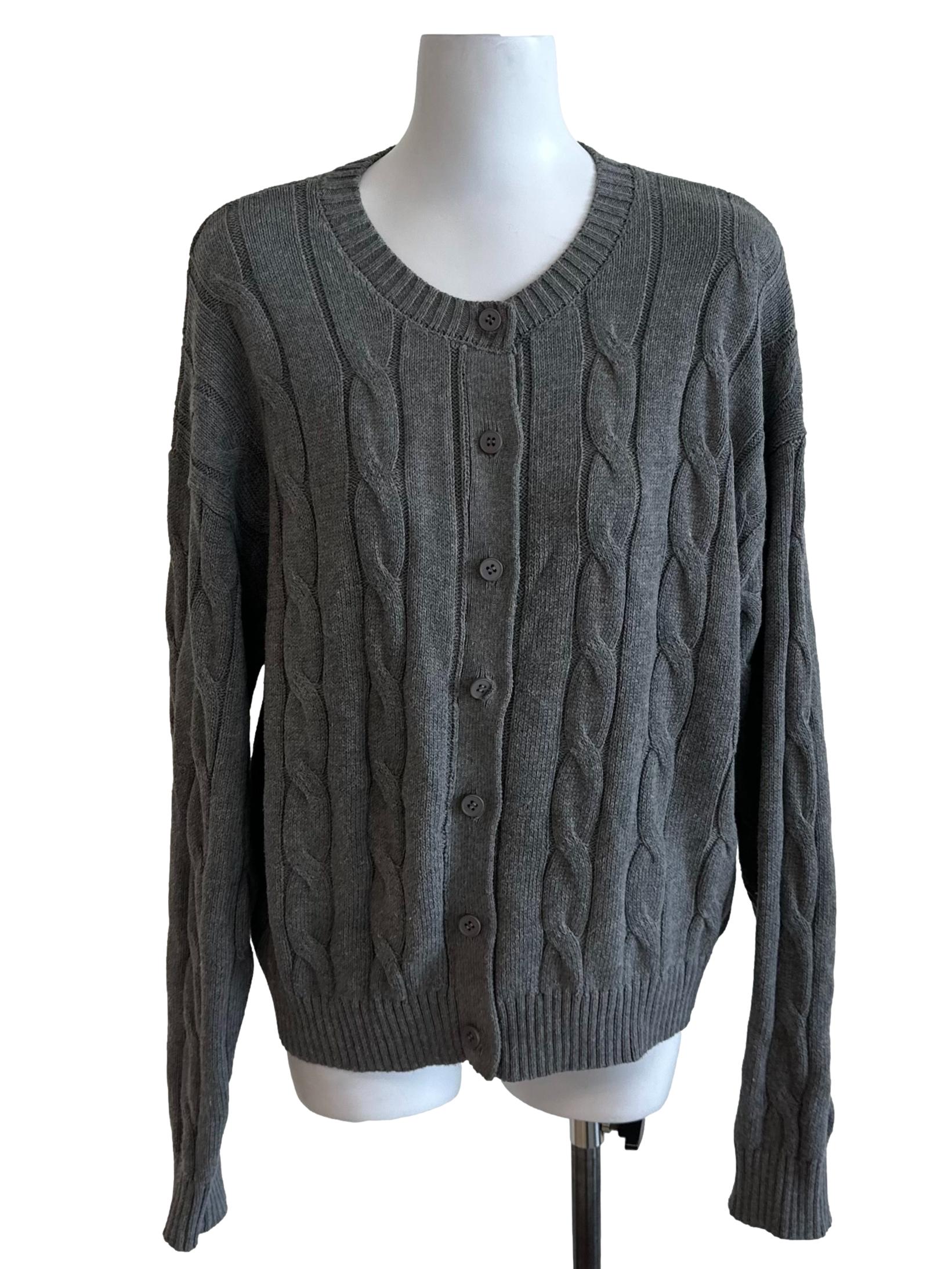 Dark Grey Cable Knit Button Cardigan
