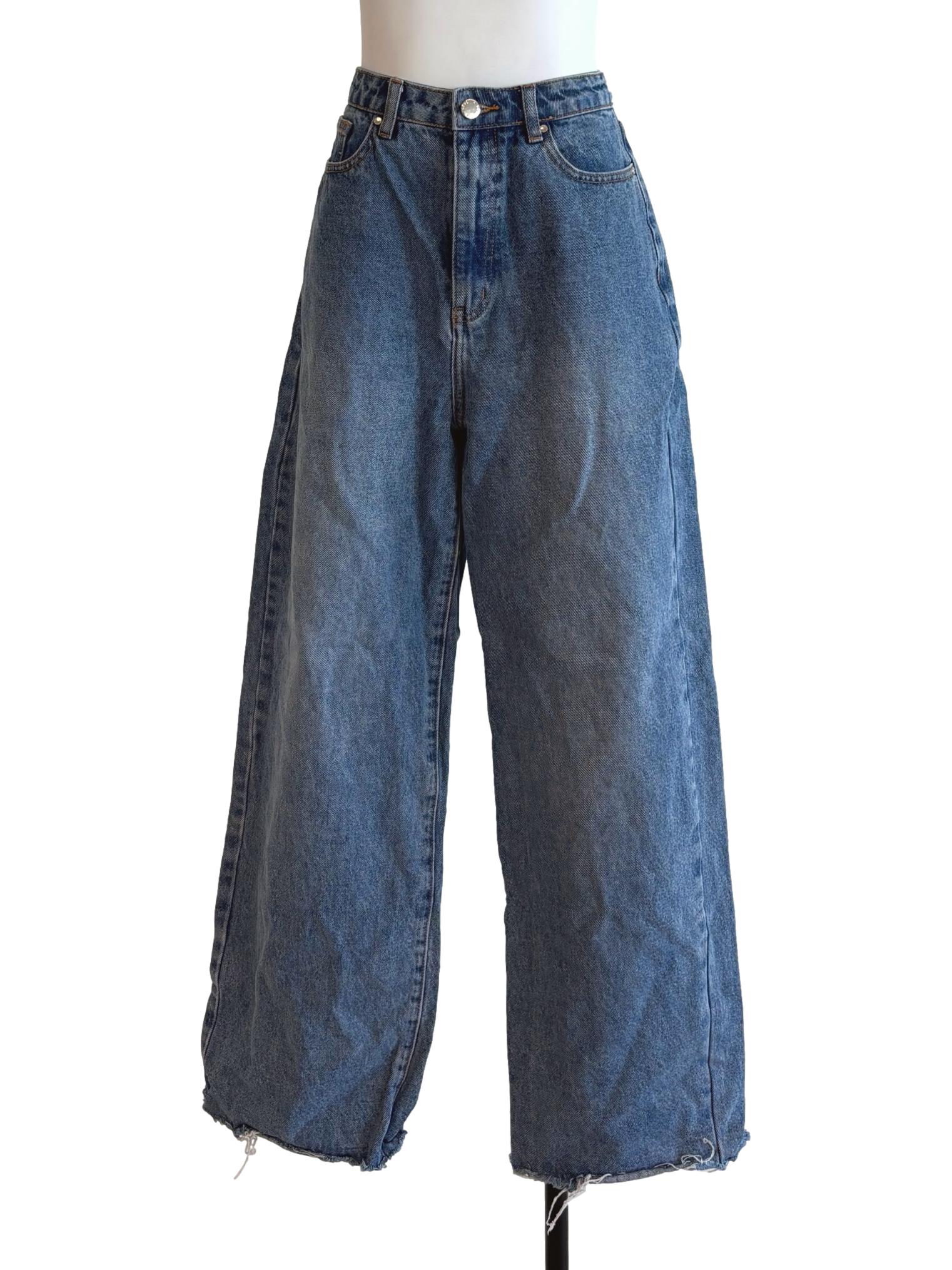 Washed Blue Frayed Wide Jeans LB