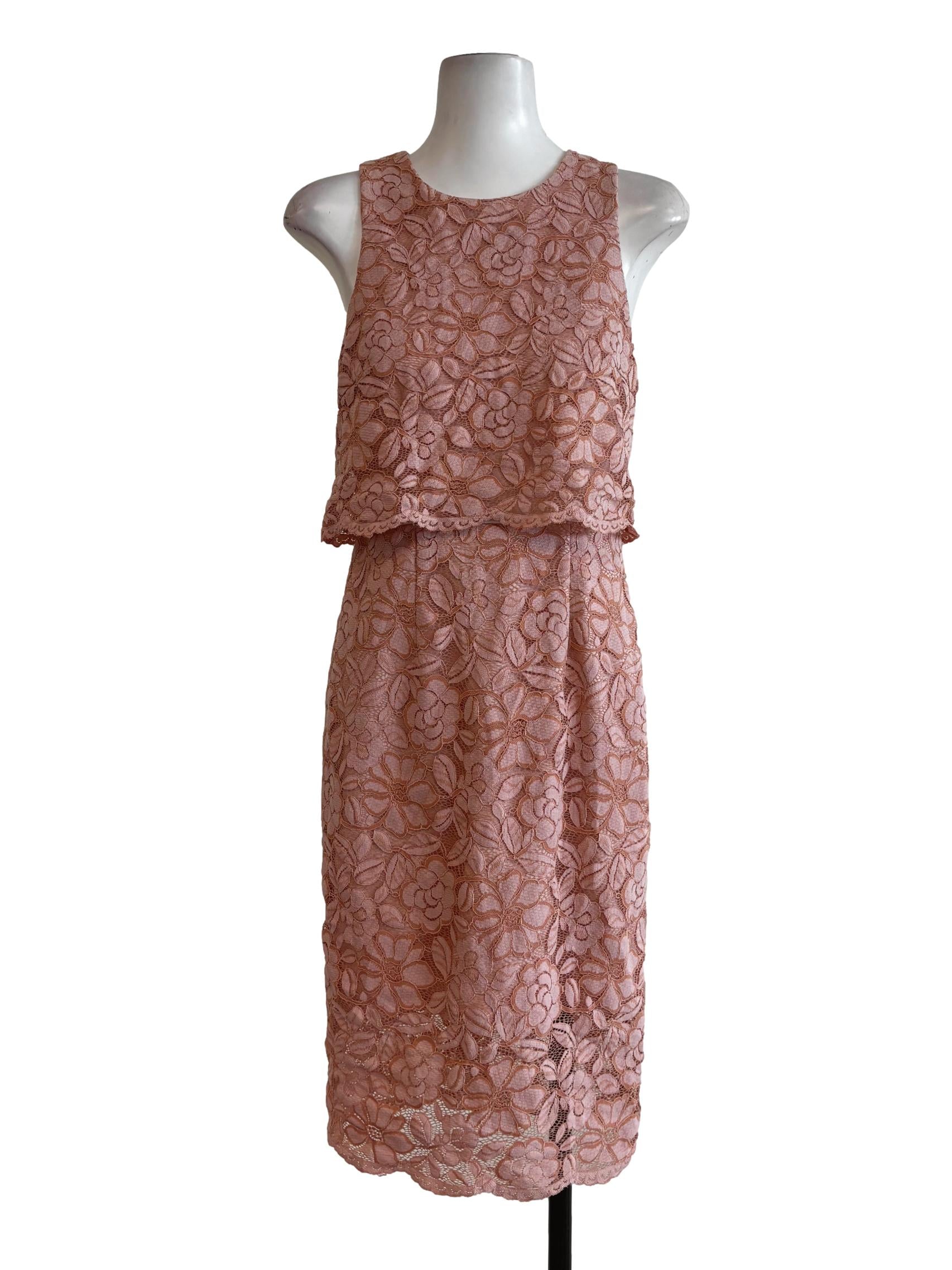 Peach Pink Sleeveless Layered Floral Lace Dress