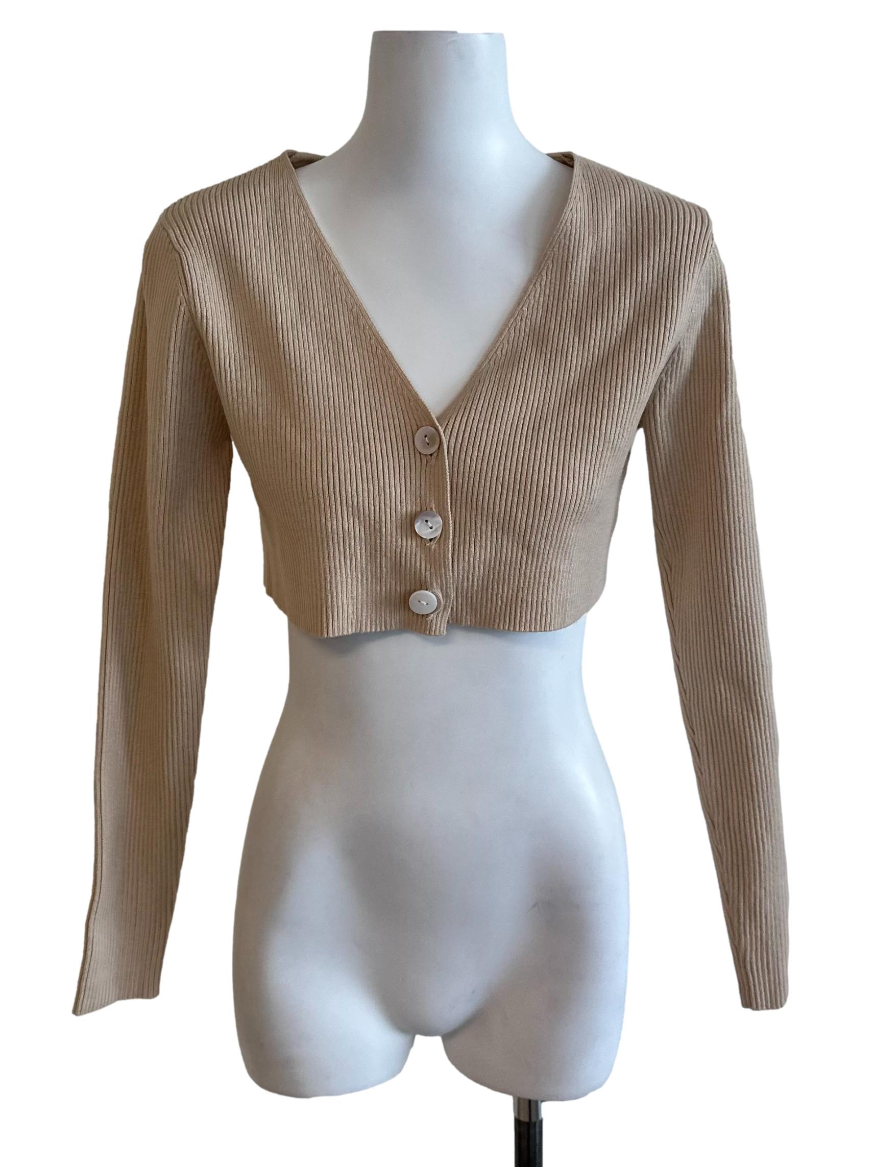 Khaki Brown V Neck Knit Crop Cardigan