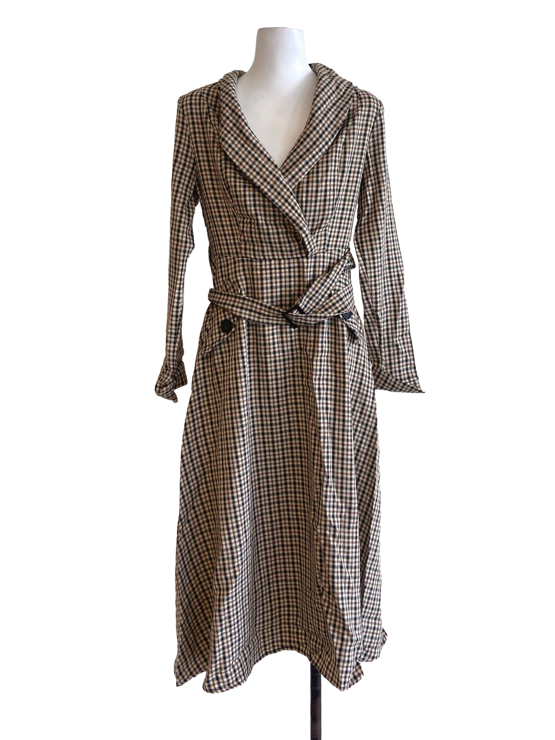 Beige Tattersall V Neck Empire Dress