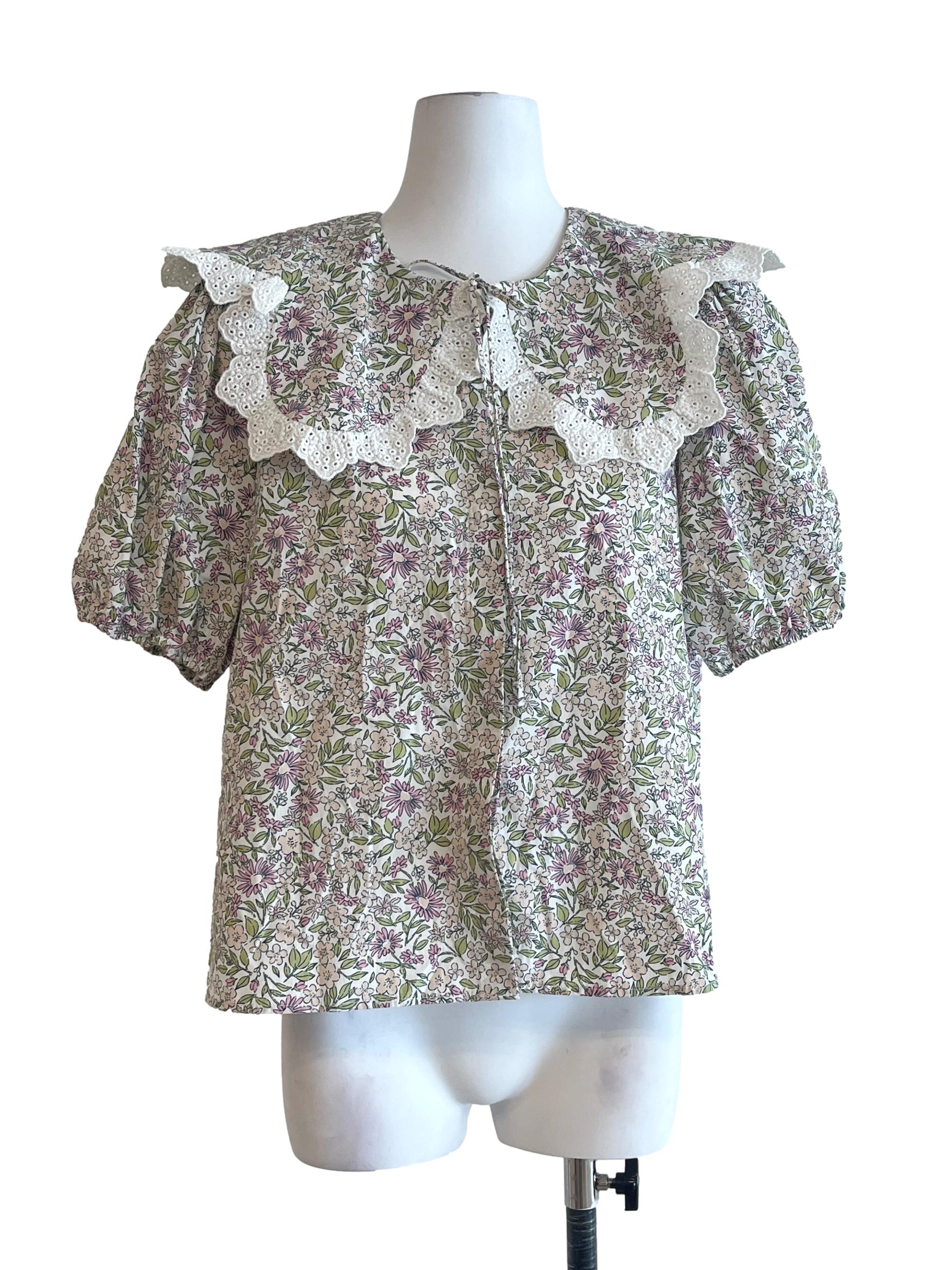 Multicolour Flower Print Short Sleeve Blouse