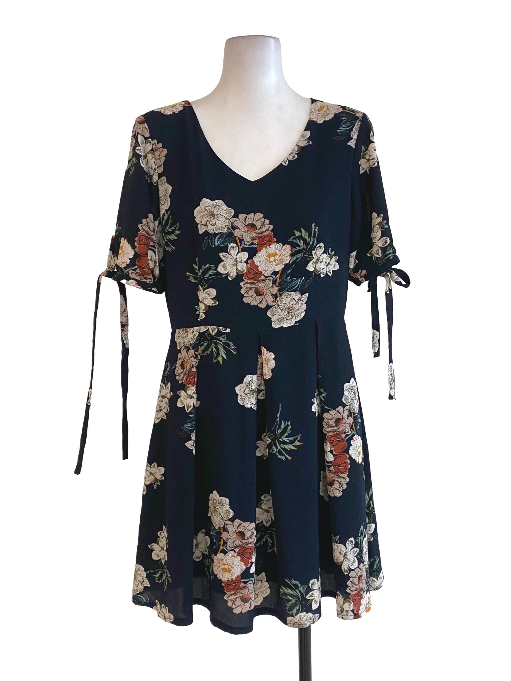 Navy Blue Floral Blouson Dress