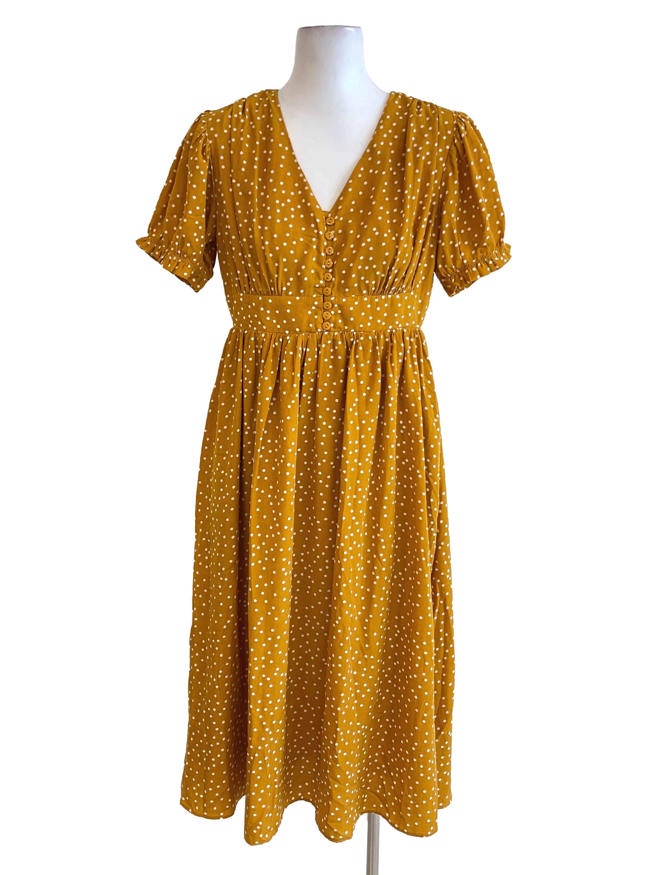 Yellow Mustard Polka Dot V Neck Dress TCL