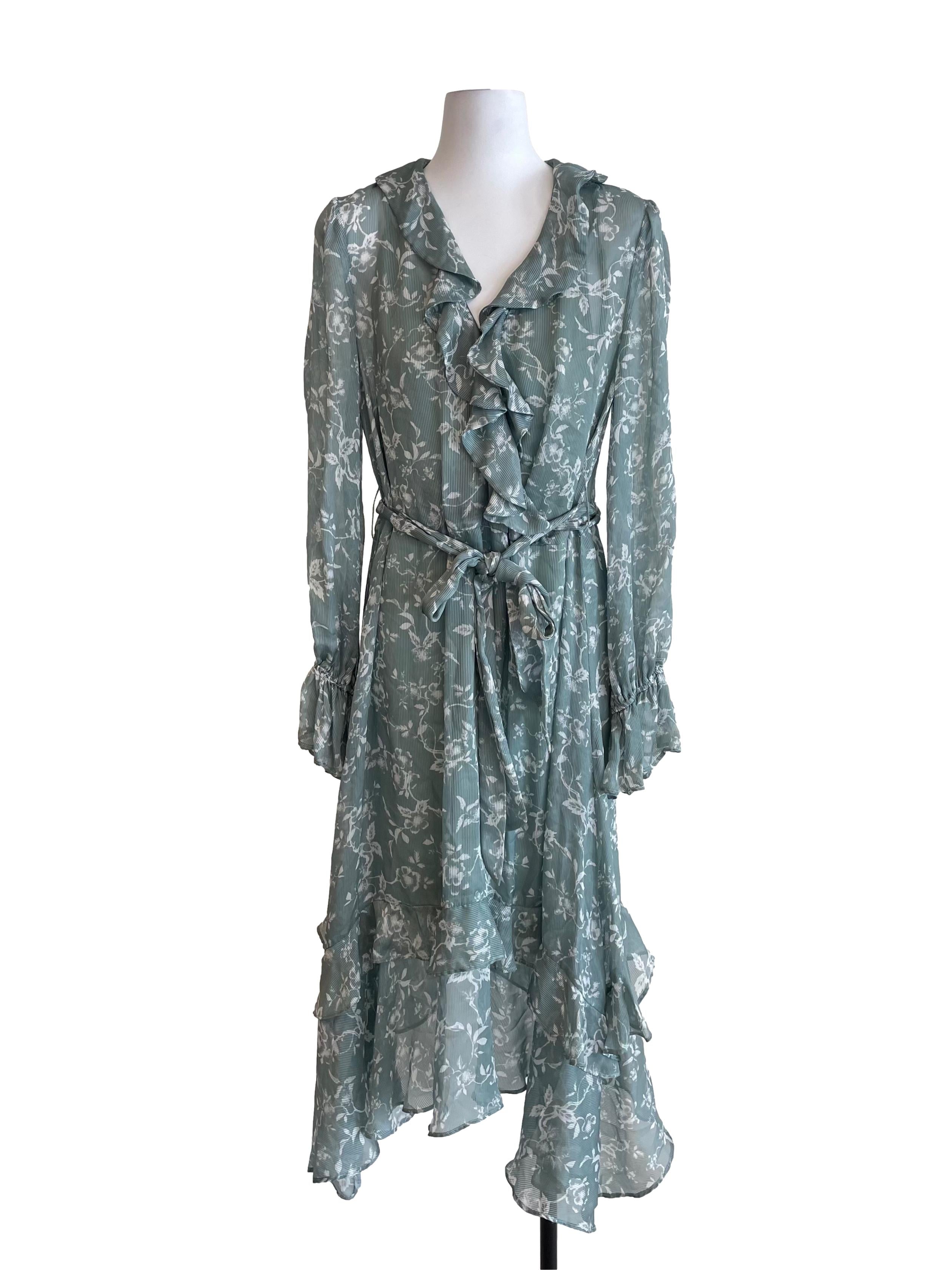 Dull Fern Green Floral Wendy Wrap Chiffon Dress