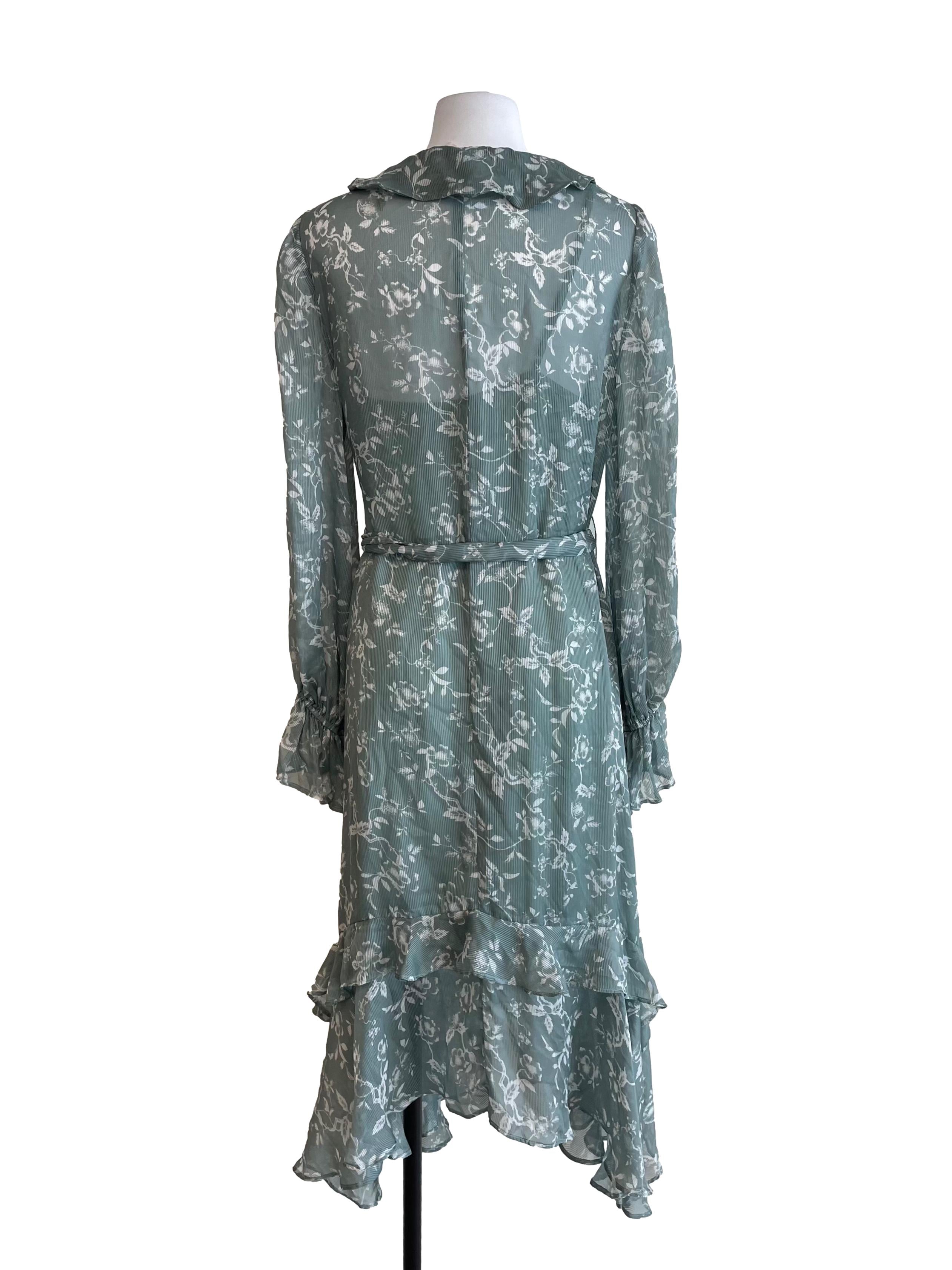 Dull Fern Green Floral Wendy Wrap Chiffon Dress
