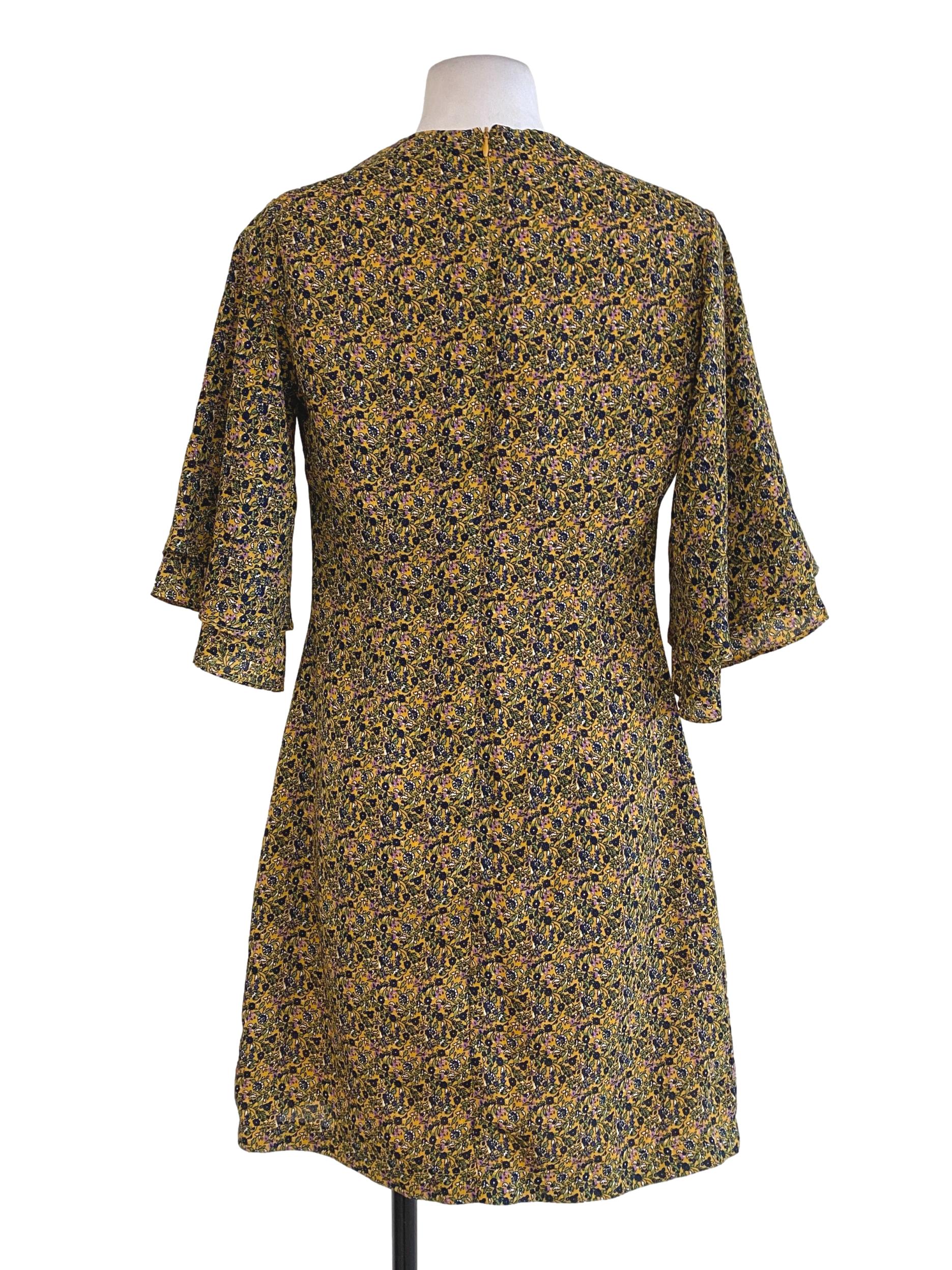 Yellow Floral V Neck Dress