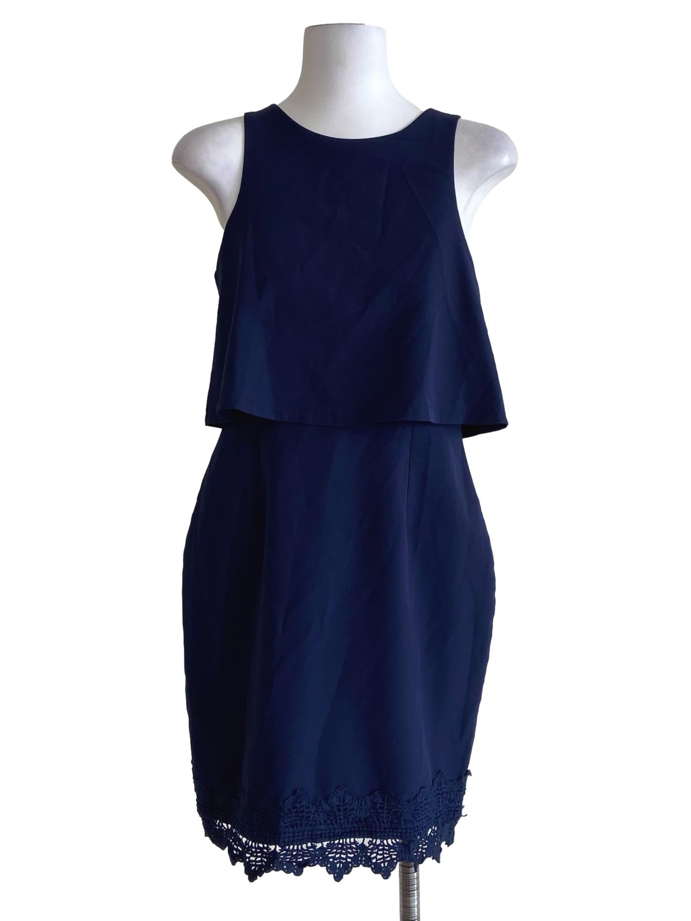 Navy Blue Overlay Floral Lace Shift Dress