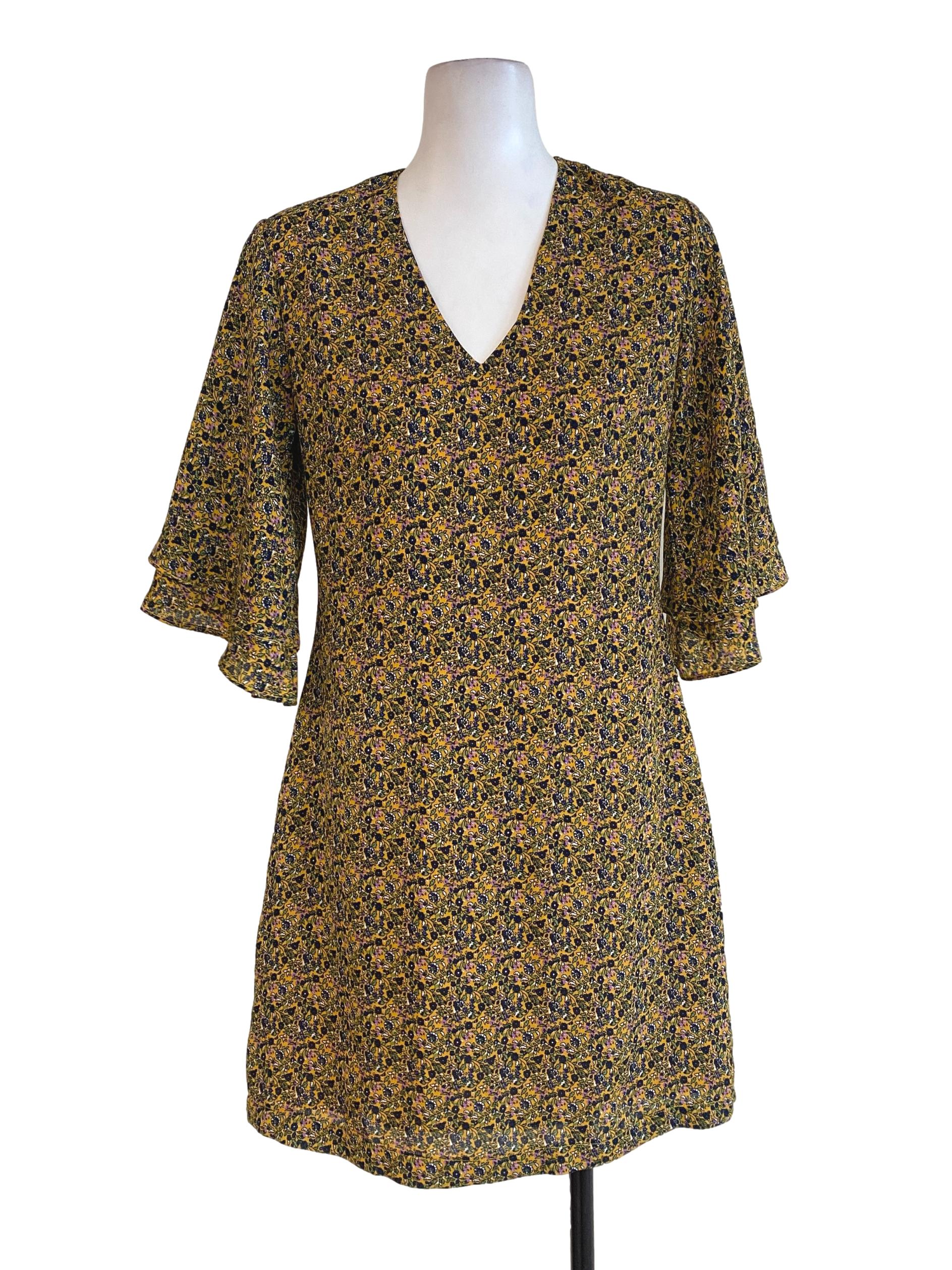 Yellow Floral V Neck Dress